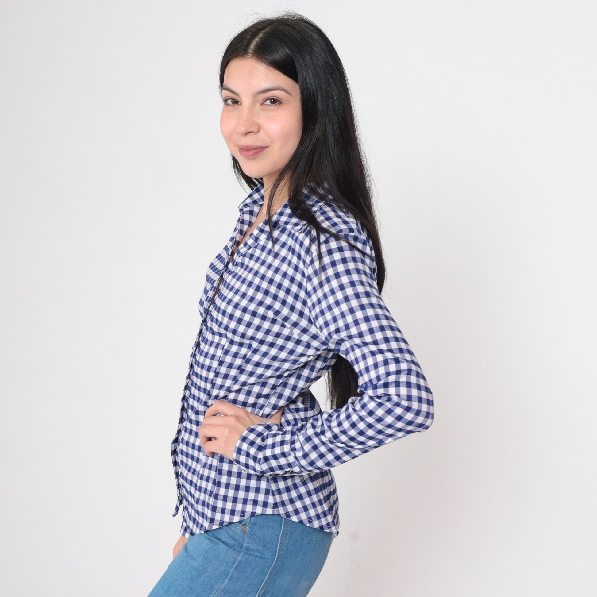 80s Blue Gingham Button-Up Blouse Princess Seam V-Neck Long Sleeve Small S