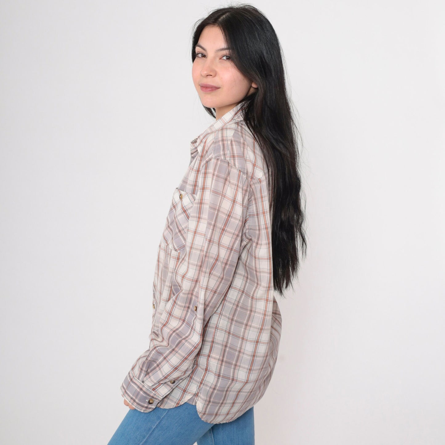 Y2K Levi's Plaid Button-Up Shirt Grey Orange Off-White Tartan Roll Tab Sleeve Large