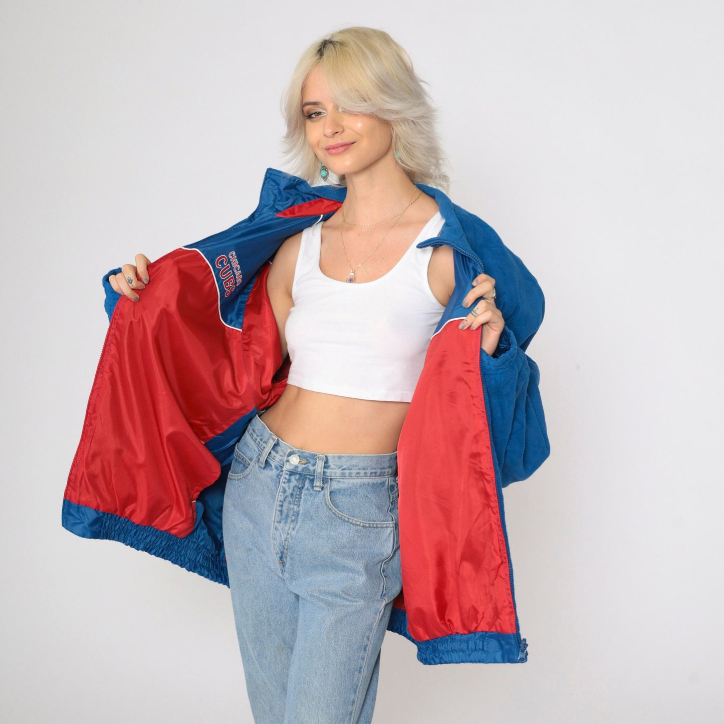 Chicago Cubs Reversible Windbreaker Fleece Jacket Red Blue Color Block XXL