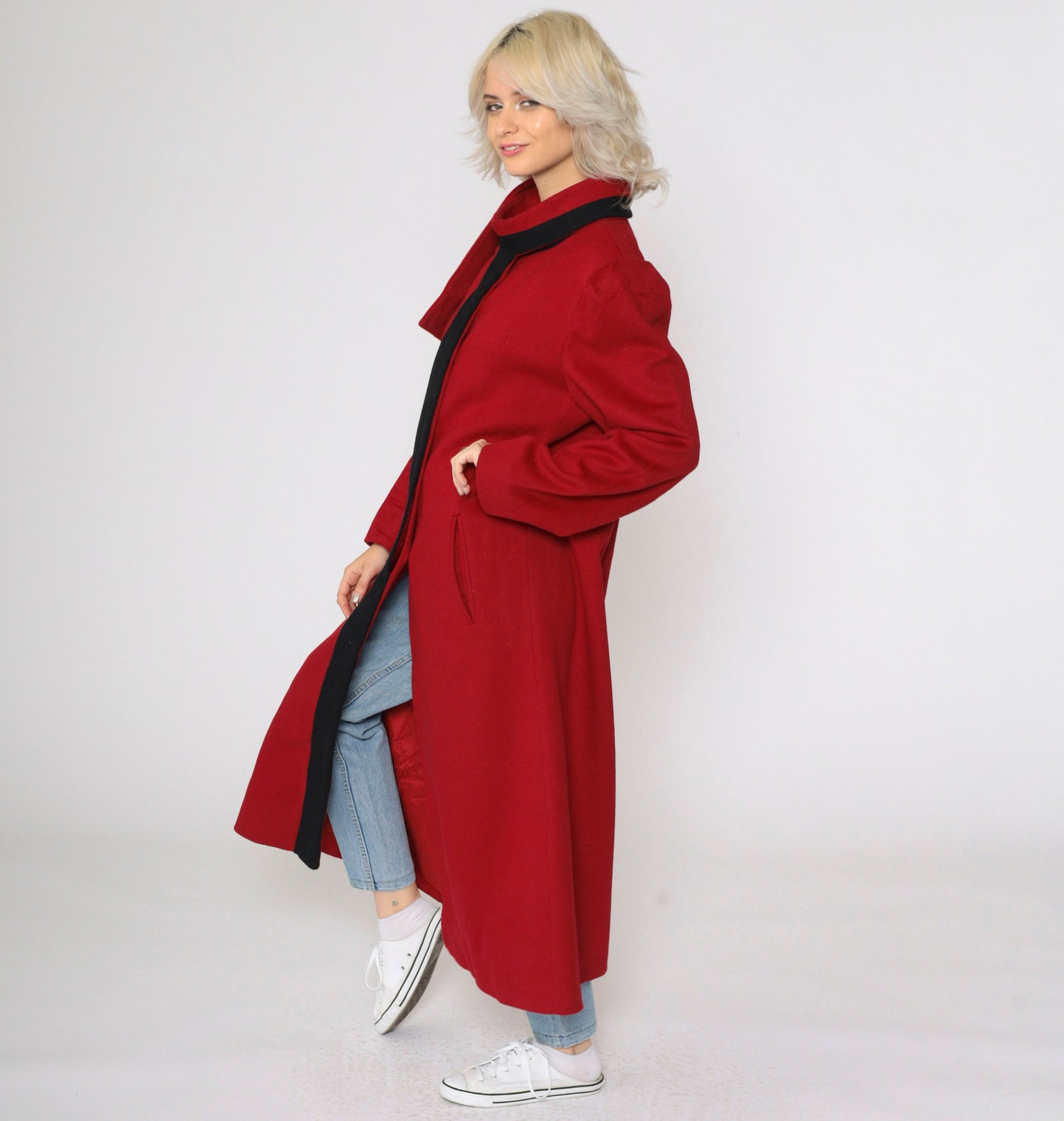80s Alorna Wool Coat Red Black Trim Long Overcoat Puff Sleeve Medium