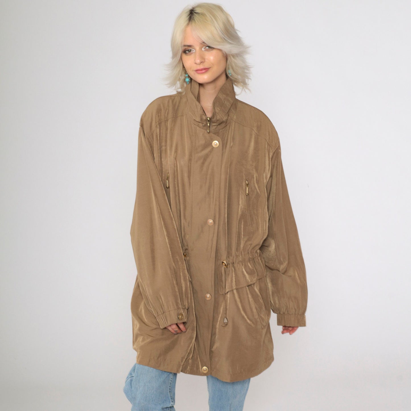 90s Plus Size Brown Windbreaker Jacket Drawstring Waist Zip Pockets XXL