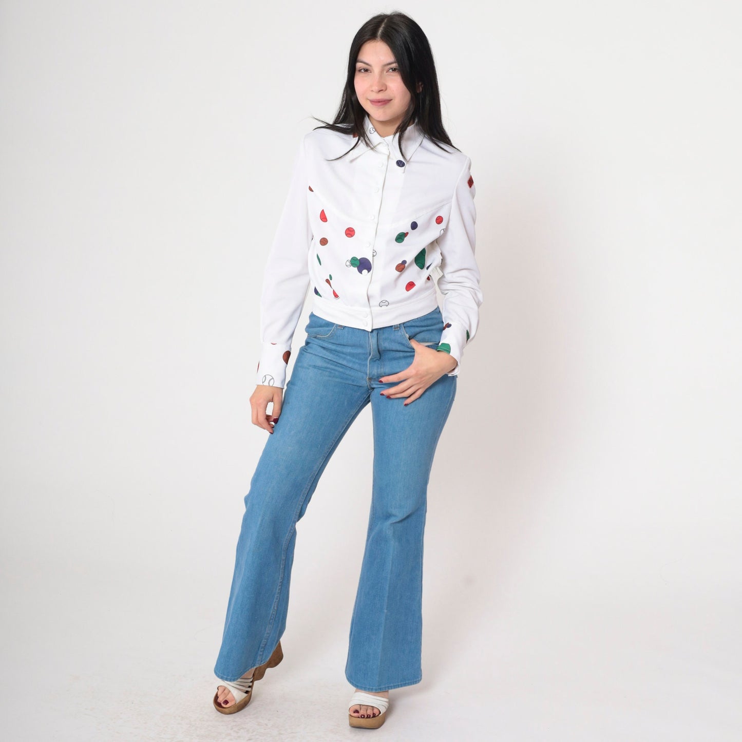 70s Oleg Cassini Tennis Ball Print Blouse White Dagger Collar Medium