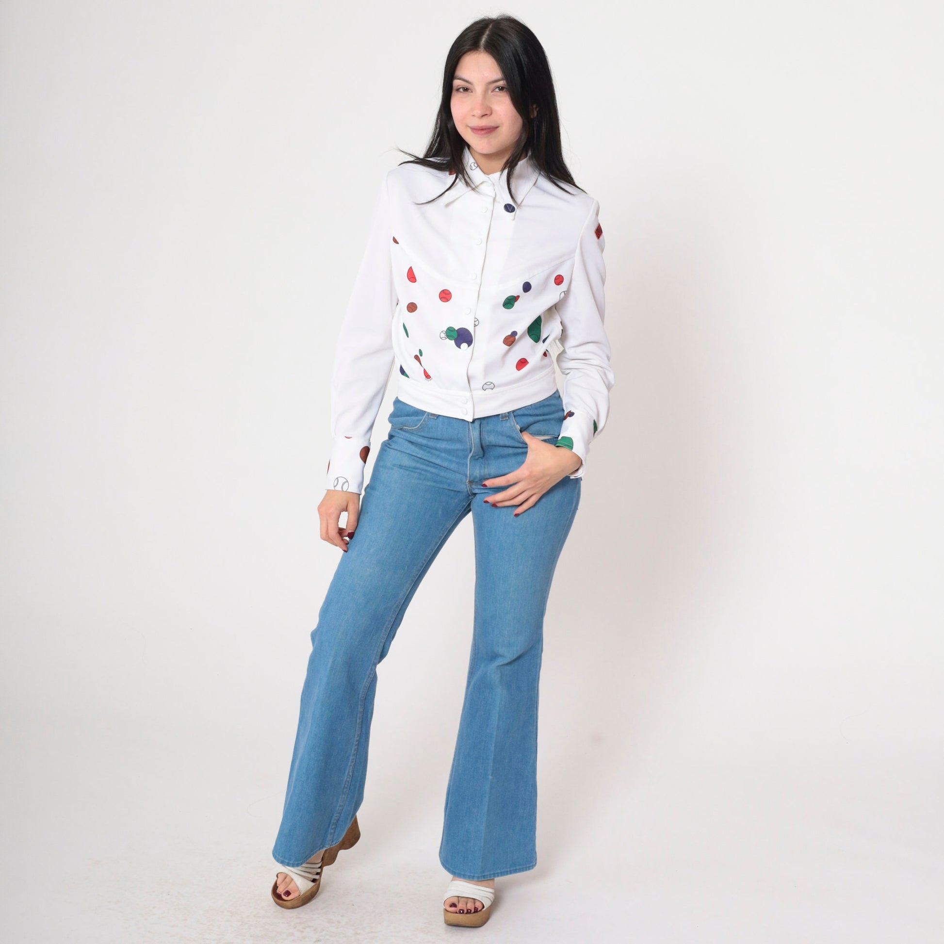 70s Oleg Cassini Tennis Ball Print Blouse White Dagger Collar Medium