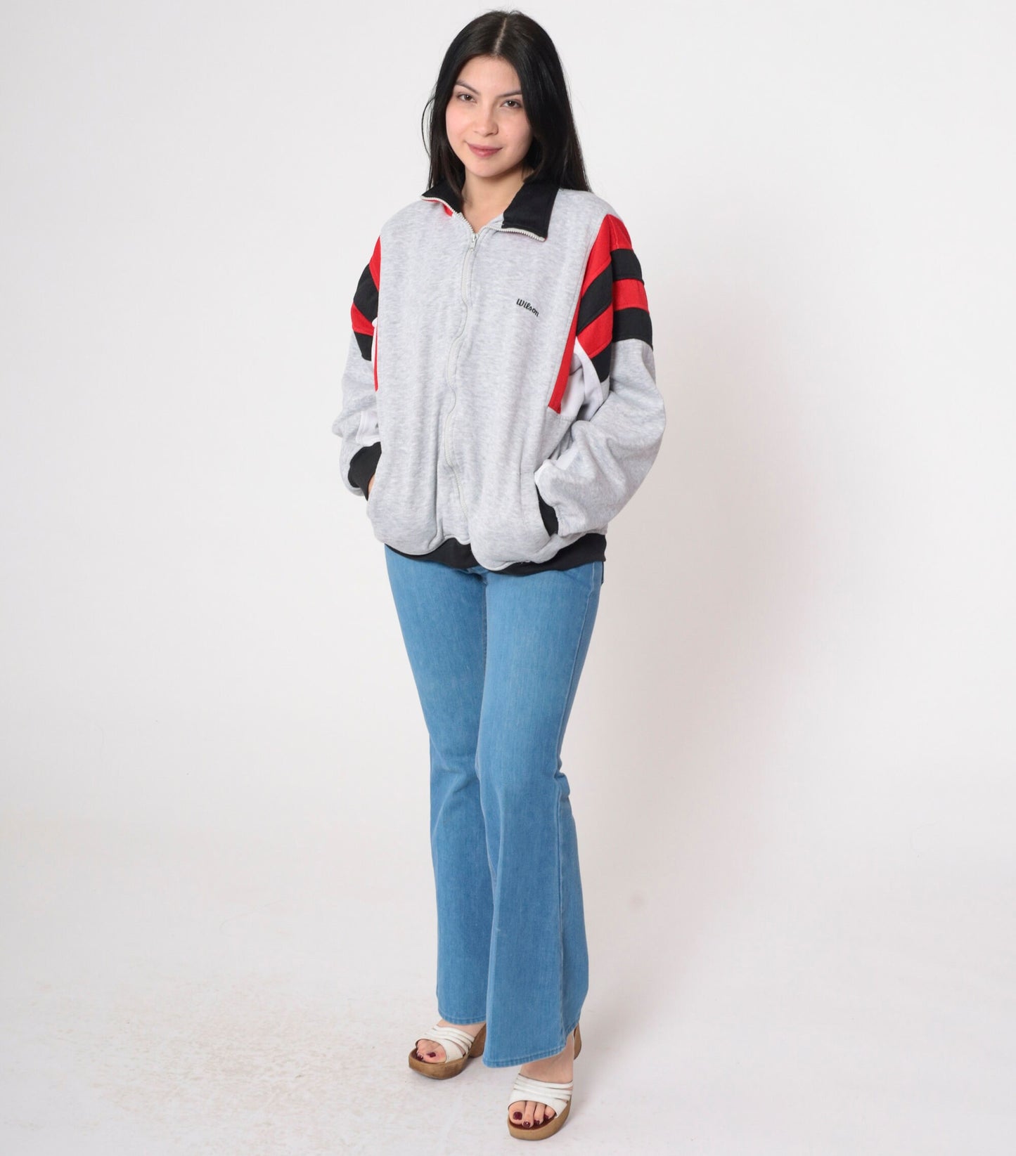 80s Wilson Track Jacket Grey Red Black Striped Zip Up Extra Large XL