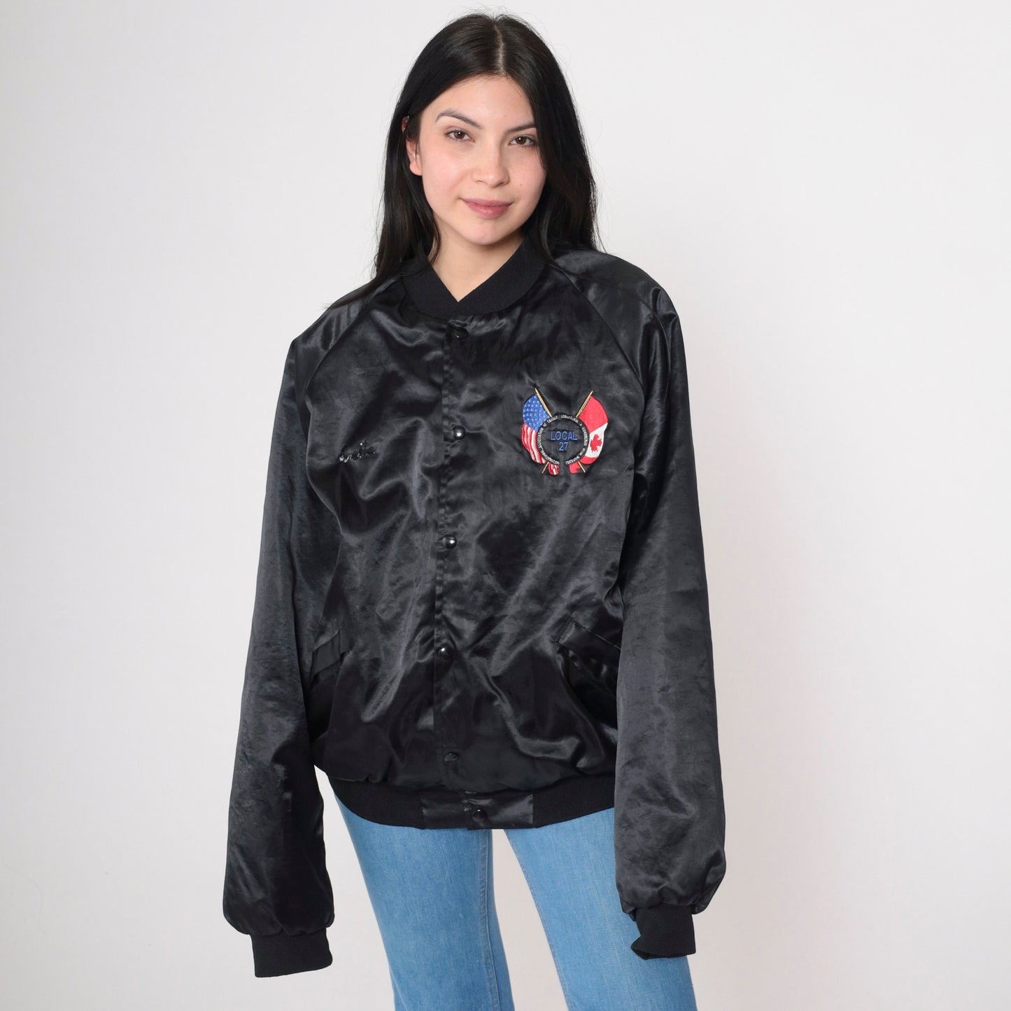 90s AFL-CIO Iron Workers Union Satin Bomber Jacket Black XXL