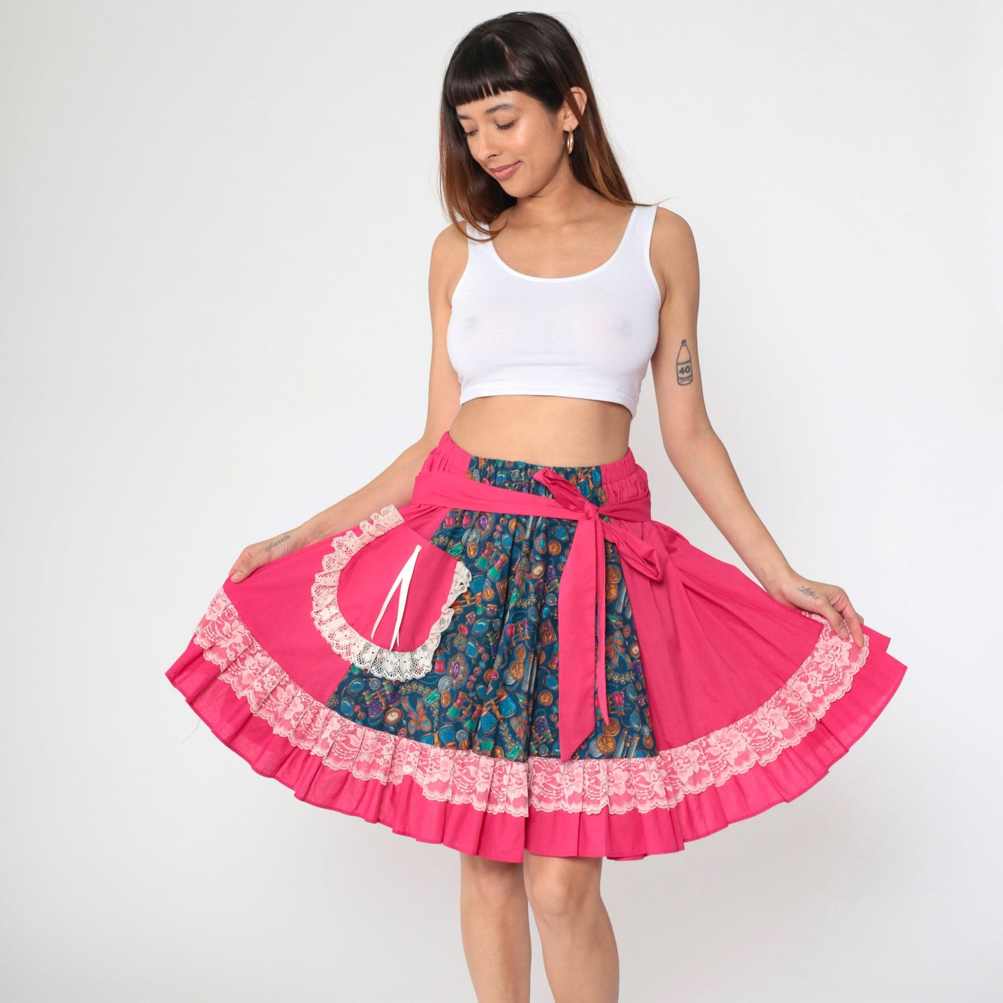 80s Patchwork Midi Skirt Pink Blue Binocular Print High-Waisted Lace Trim Medium