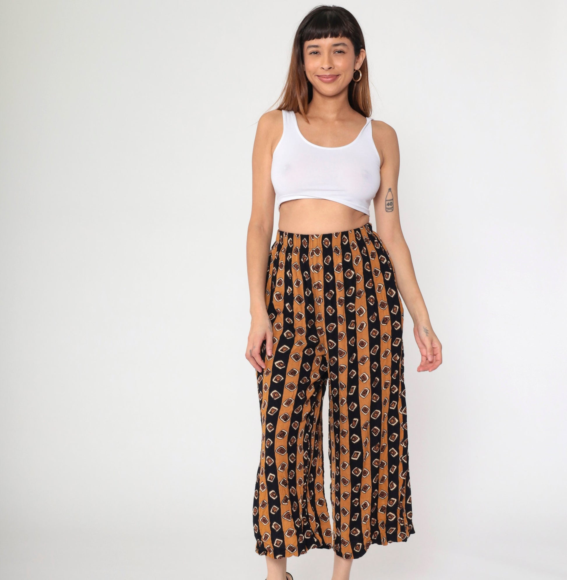 90s Geometric Striped Rayon Capri Pants Burnt Orange Black Elastic Waist XS