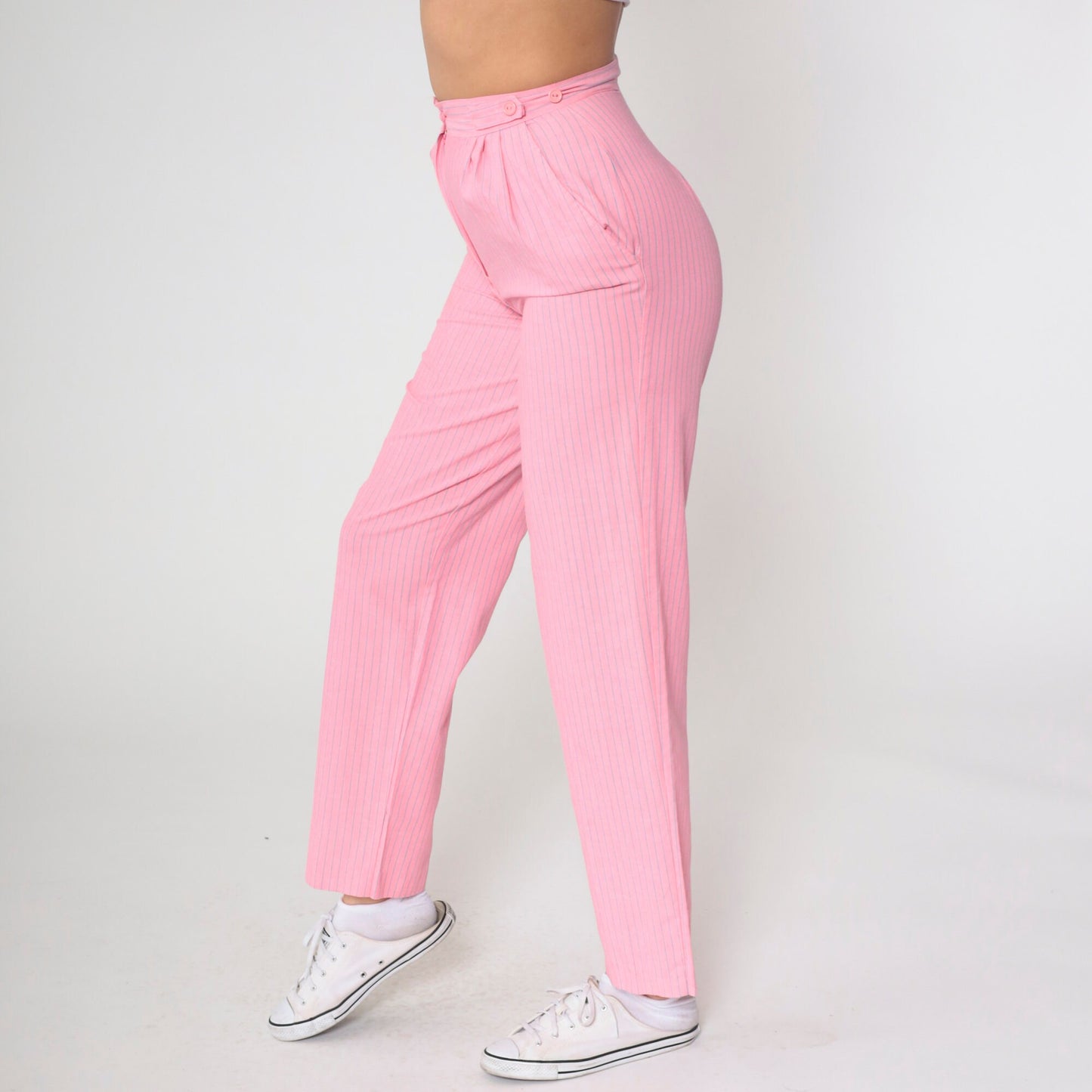 80s Pink Pinstripe High-Rise Pleated Trousers Straight Leg Small