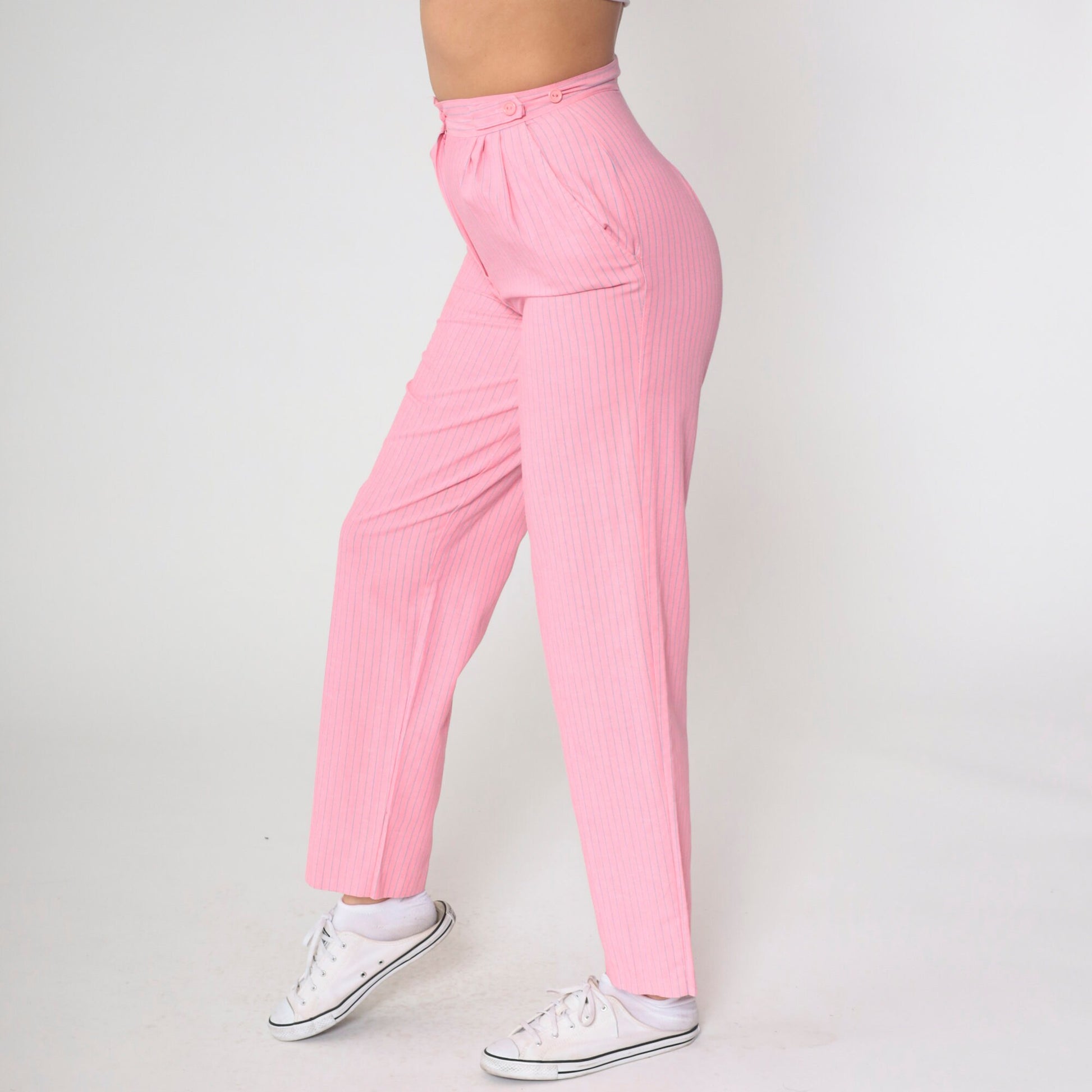 80s Pink Pinstripe High-Rise Pleated Trousers Straight Leg Small