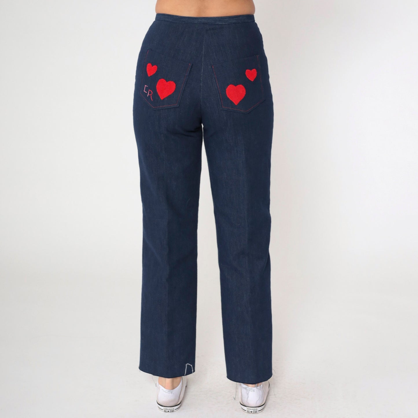 80s Dark Wash Straight Leg Jeans High Rise Embroidered Hearts CR Small S