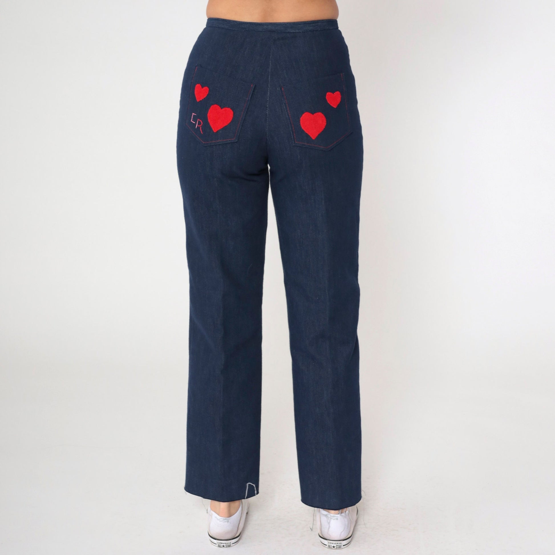 80s Dark Wash Straight Leg Jeans High Rise Embroidered Hearts CR Small S