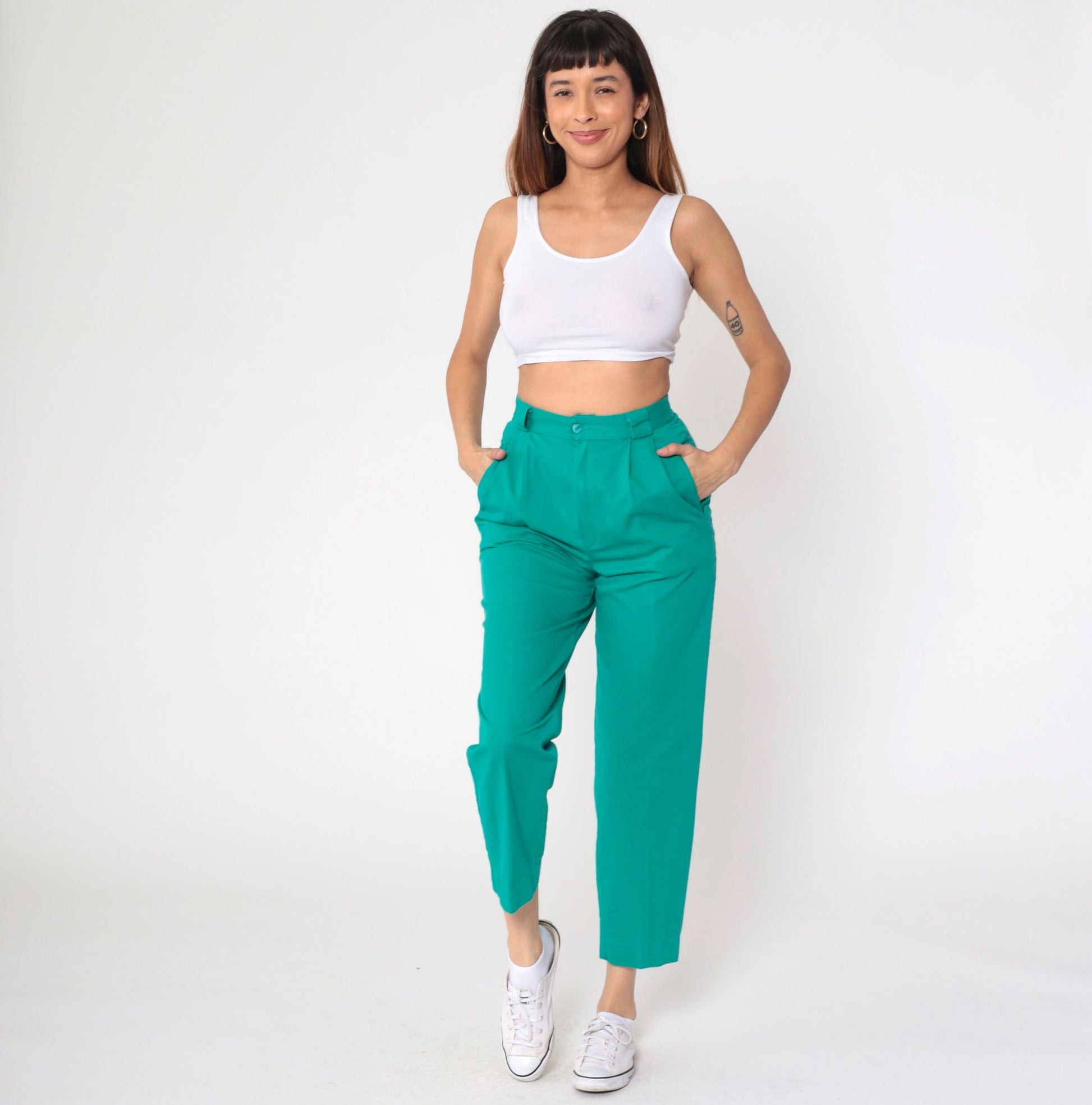 80s Green Pleated High-Rise Trousers Elastic Waist Tapered Small