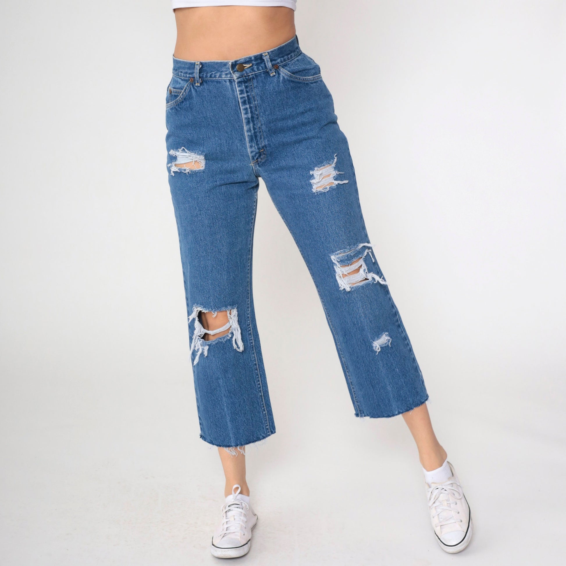90s Lee High Rise Straight Leg Ripped Blue Denim Jeans Small 28