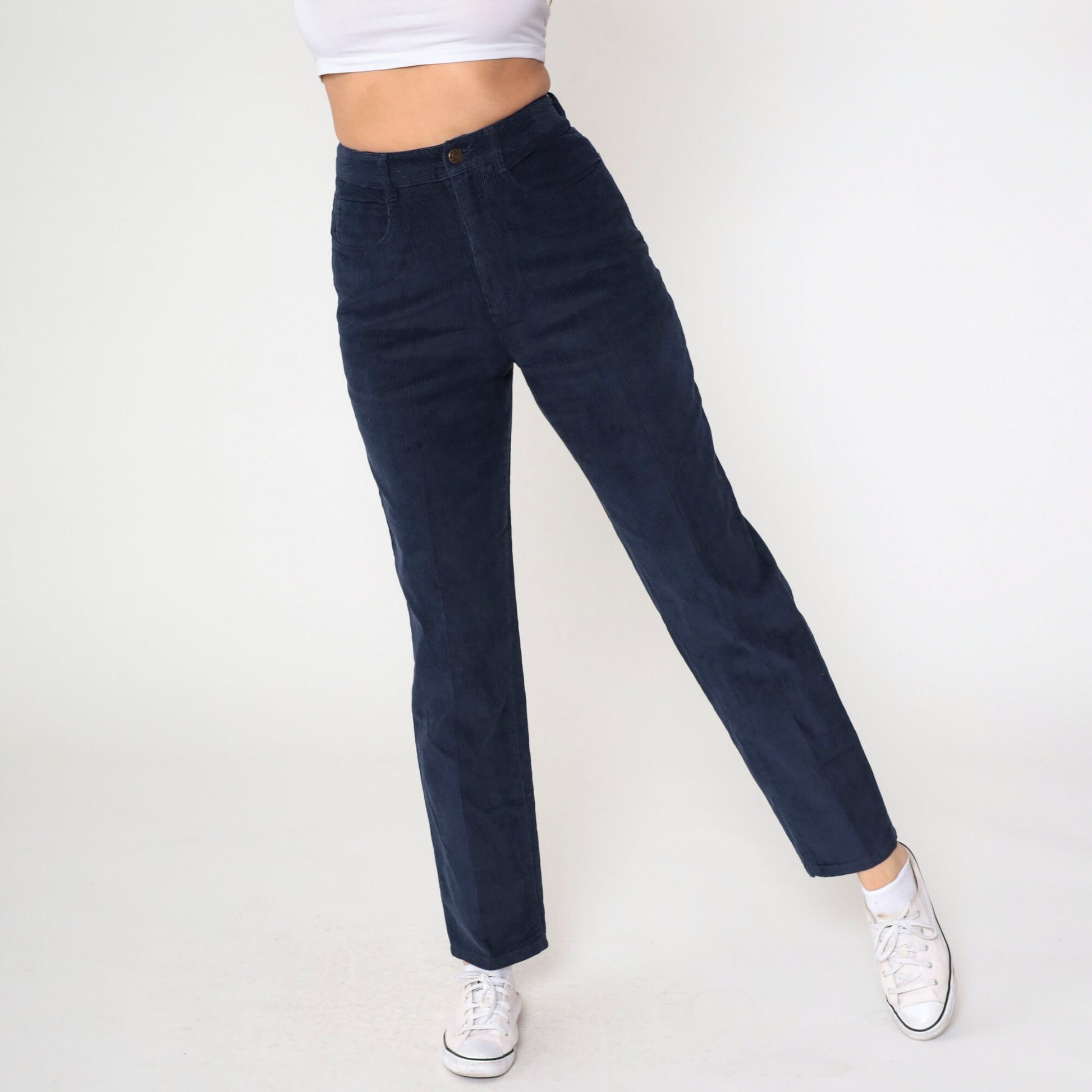 90s Talbots Navy Corduroy High-Waist Trousers Straight Leg Small 4