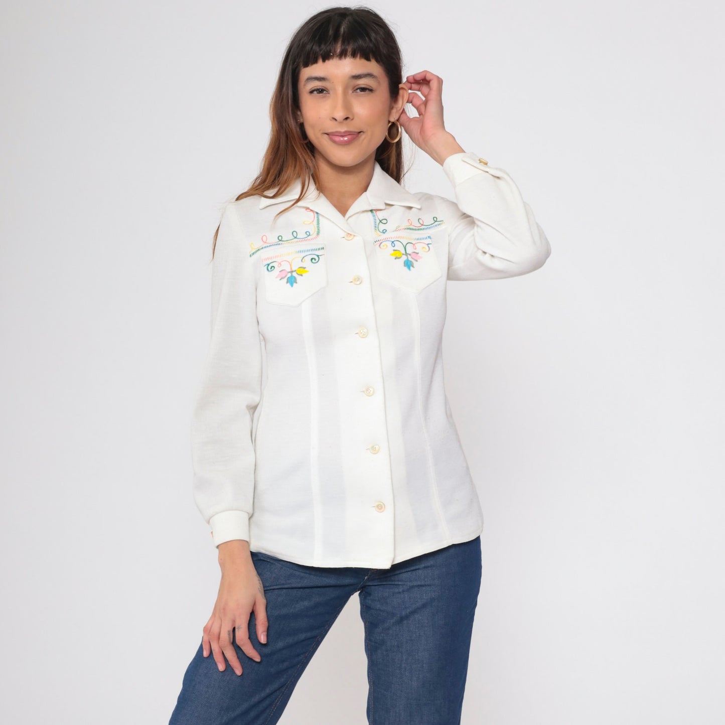 70s Floral Embroidered White Button-Up Blouse Long Sleeve Small