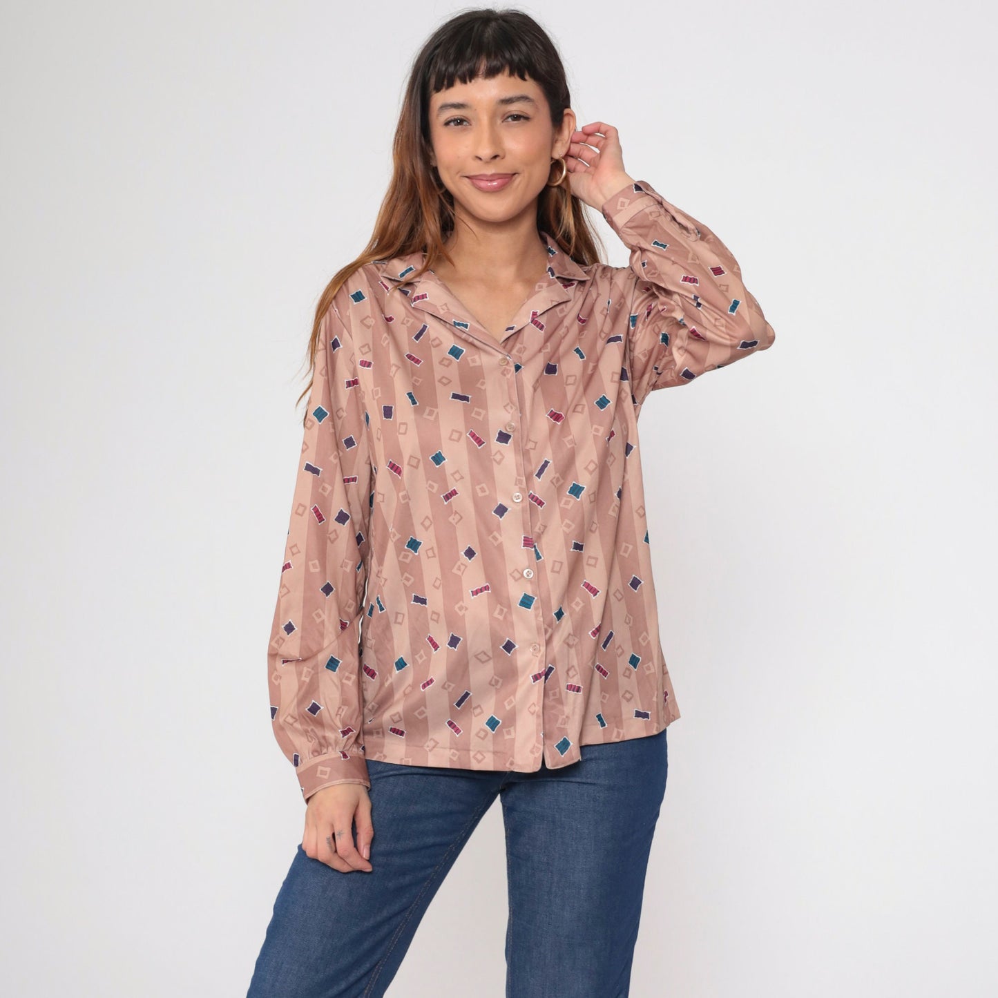 70s Confetti Geometric Striped Button-Up Blouse Dusty Rose Taupe Large L
