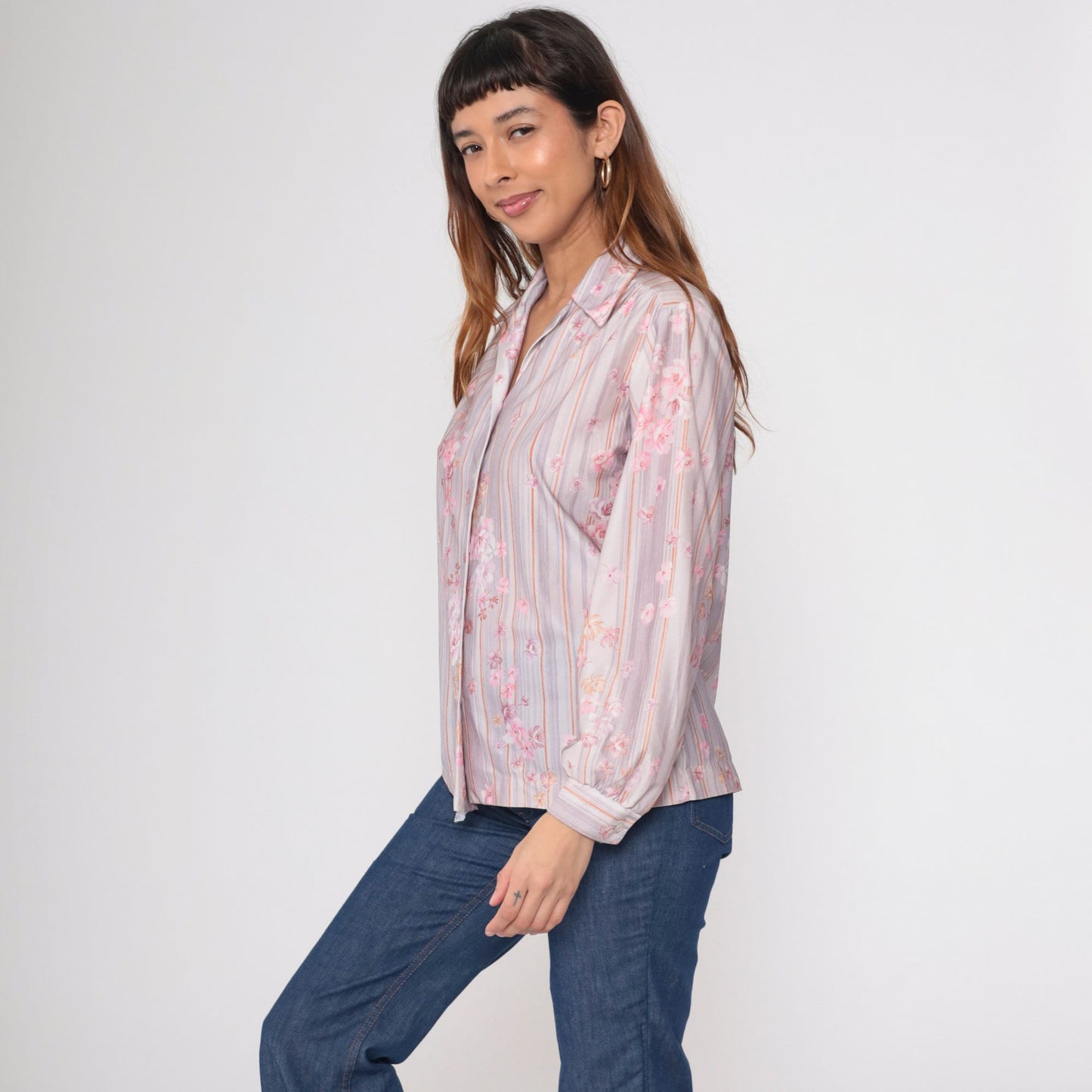 70s Striped Floral Button-Up Blouse Pink Lavender Long Sleeve Shirt Medium Large