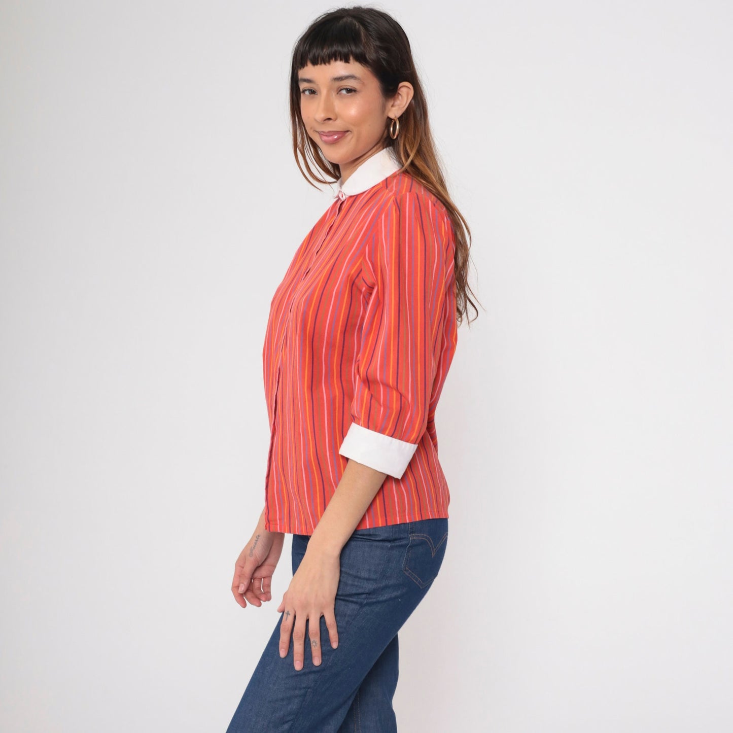 70s Red Striped Peter Pan Collar Blouse 3/4 Sleeve Button Up Medium