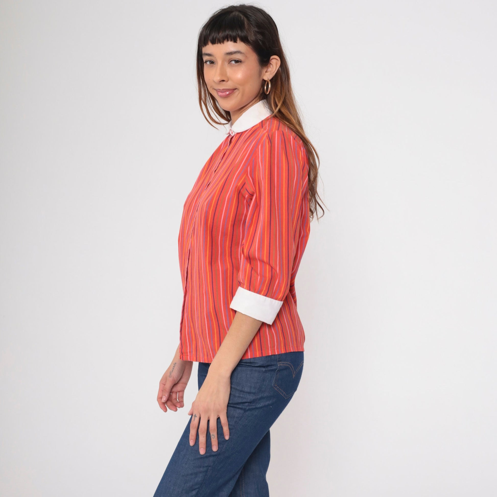 70s Red Striped Peter Pan Collar Blouse 3/4 Sleeve Button Up Medium