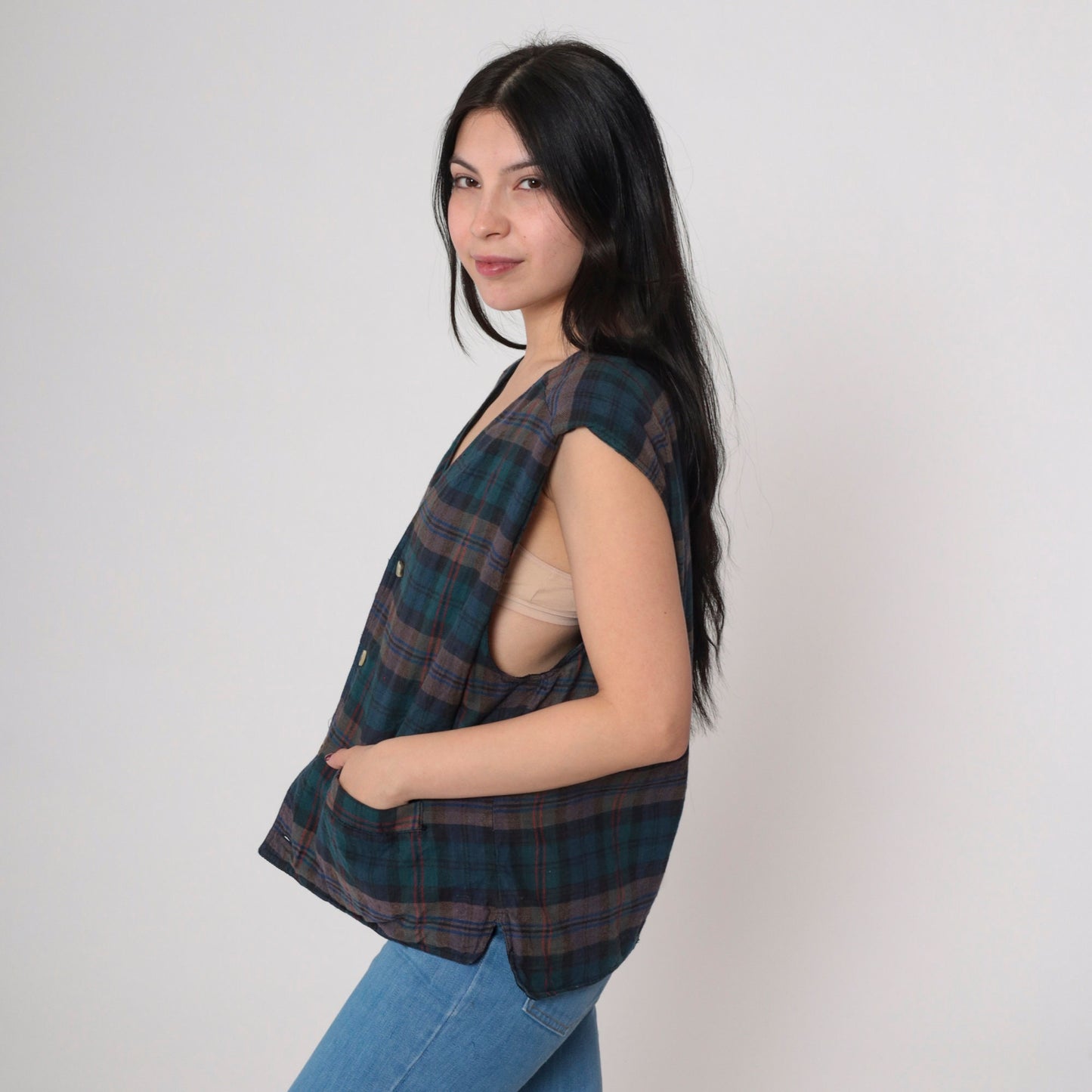 90s Plaid Vest Blue Green Checkered Button Front Sleeveless Medium