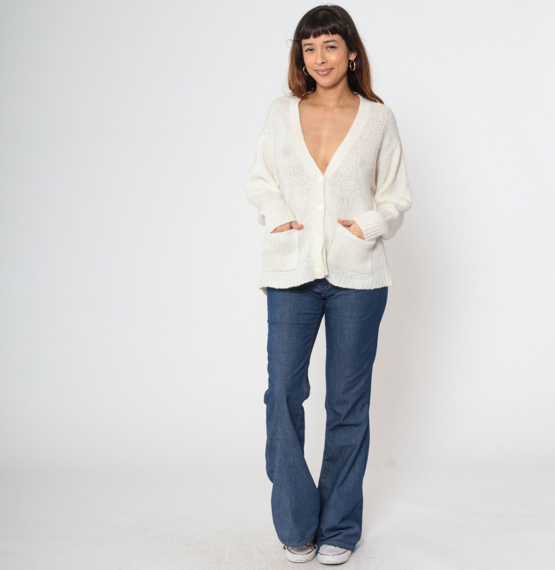 80s Off-White Cardigan Button-Up Knit Sweater V-Neck Pockets Medium