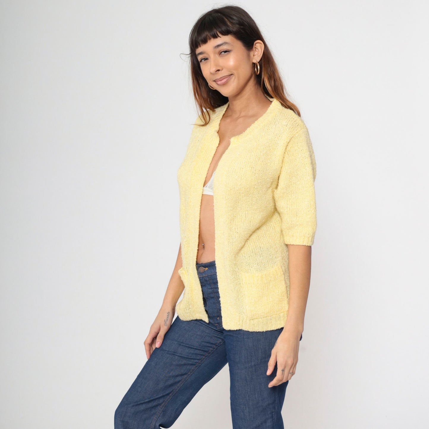 70s Le Chois Yellow Bouclé Cardigan Short Sleeve Open Front Knit Medium