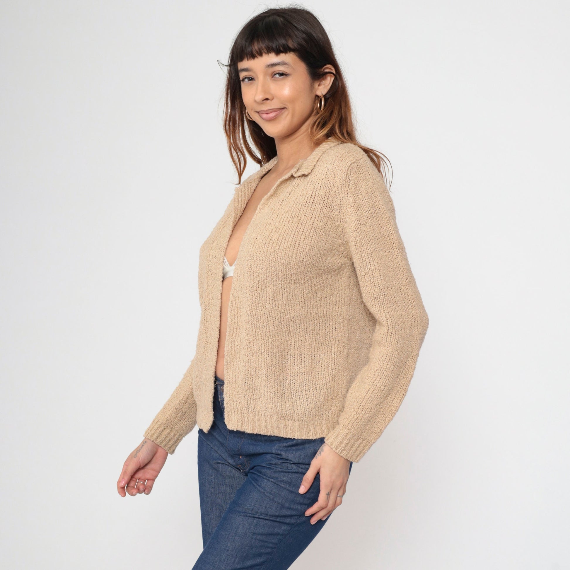 70s Tan Cardigan Open Front Wrap Sweater Medium