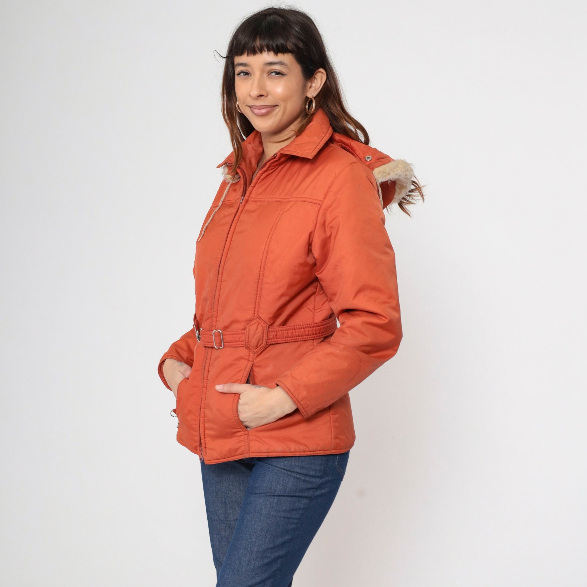 70s JC Penney Parka Jacket Burnt Orange Faux Fur Hood Zip Medium