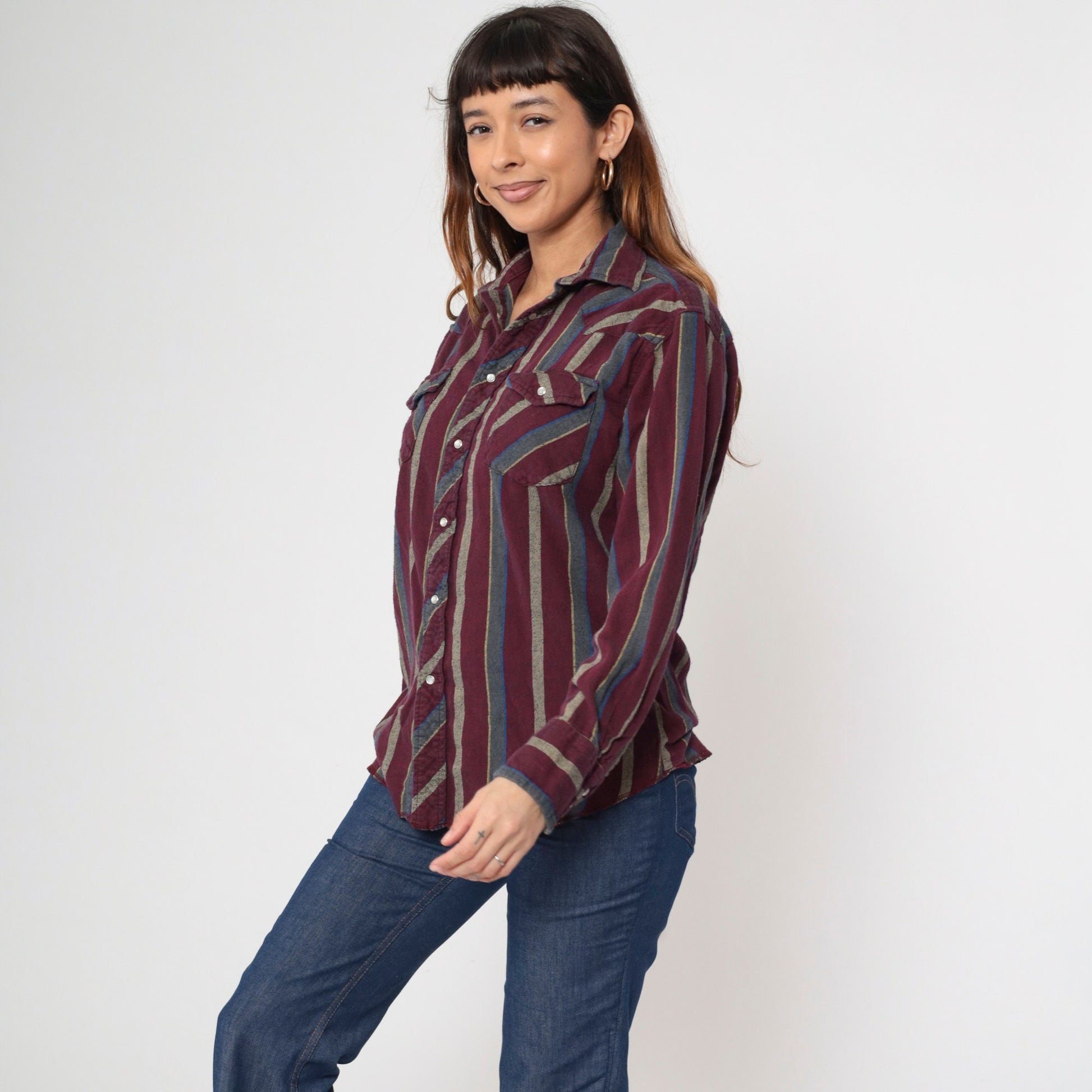 90s Wrangler Pearl Snap Western Shirt Burgundy Striped Medium