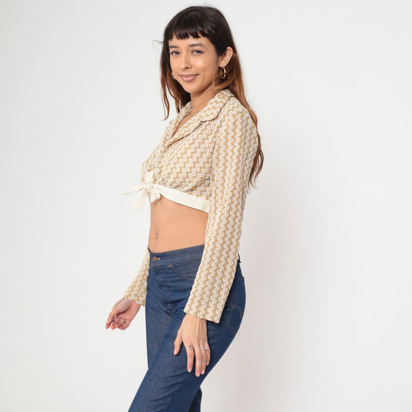 70s Gold Striped Metallic Crop Top Deep V Neck Long Sleeve Knit Medium