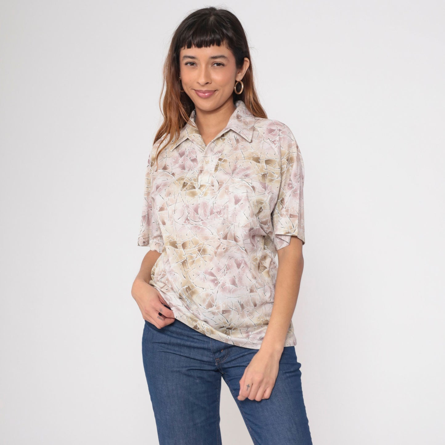 70s Lily Daché Abstract Geometric Print Button-Up Shirt Purple Brown Medium