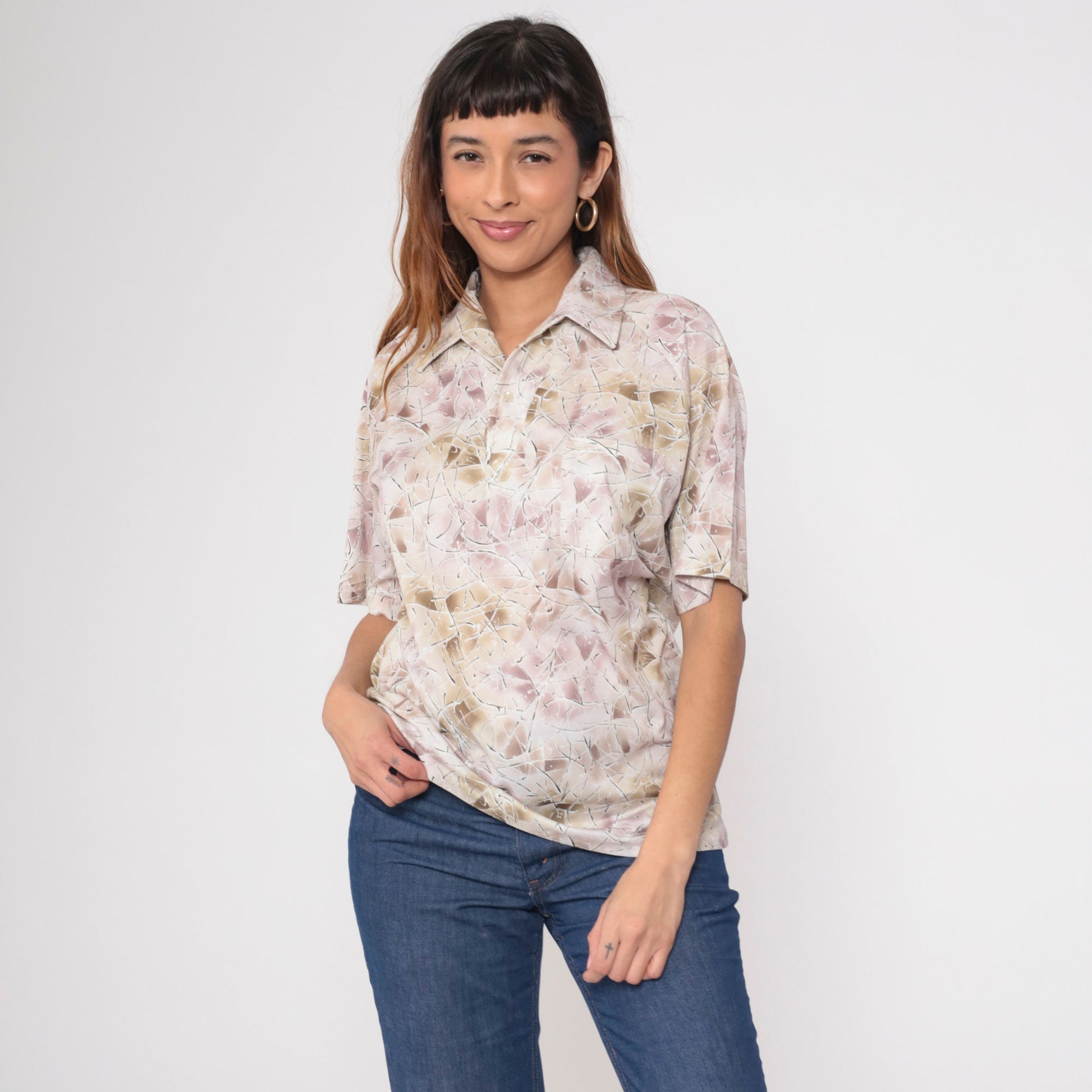 70s Lily Daché Abstract Geometric Print Button-Up Shirt Purple Brown Medium