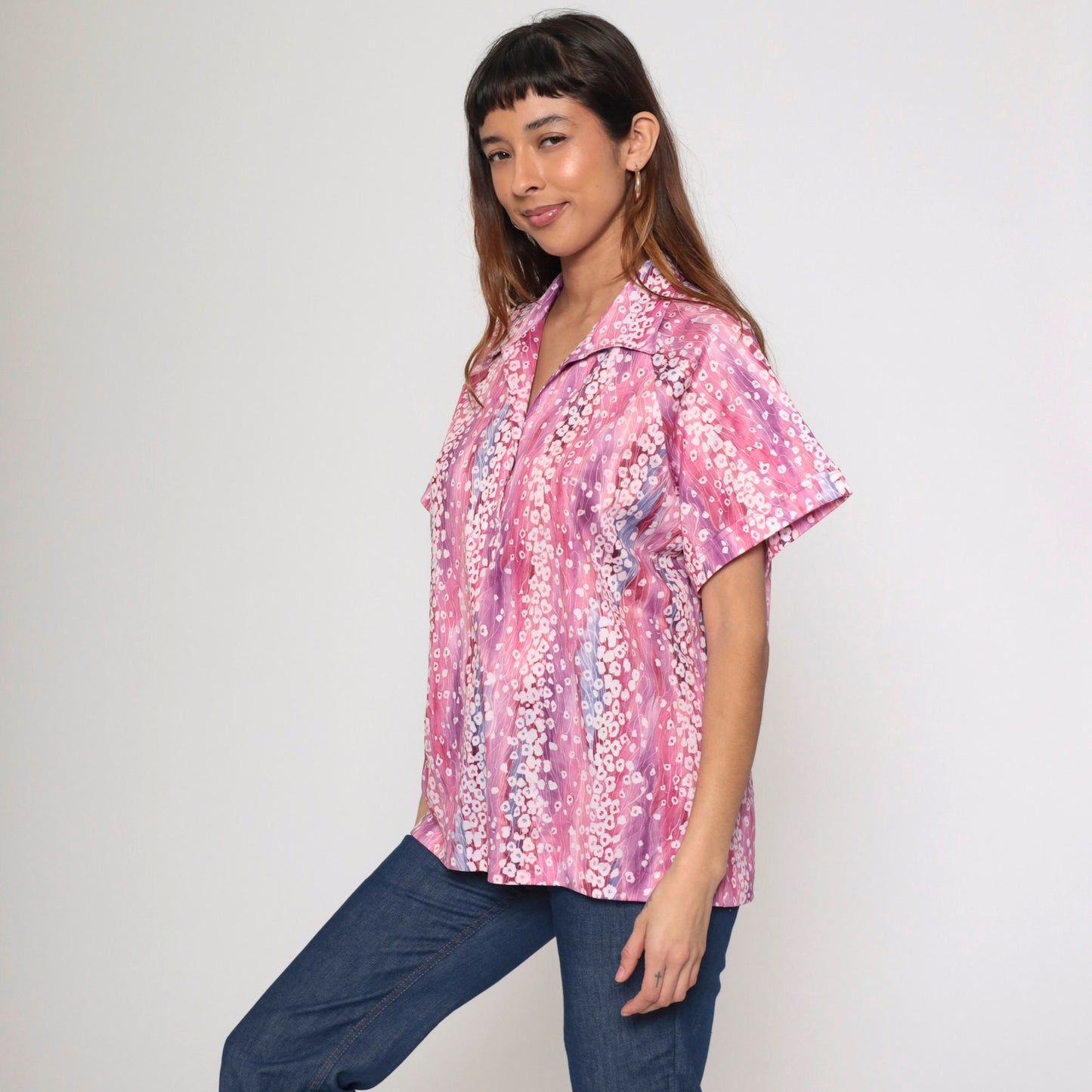 70s John Abbott Abstract Floral Blouse Pink Purple Dagger Collar Large