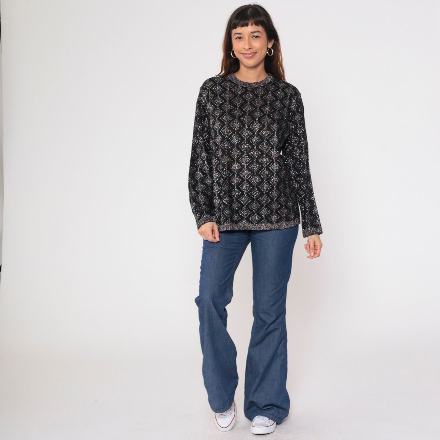 80s Metallic Geometric Sweater Black Pink Blue Lurex Knit Crewneck Medium
