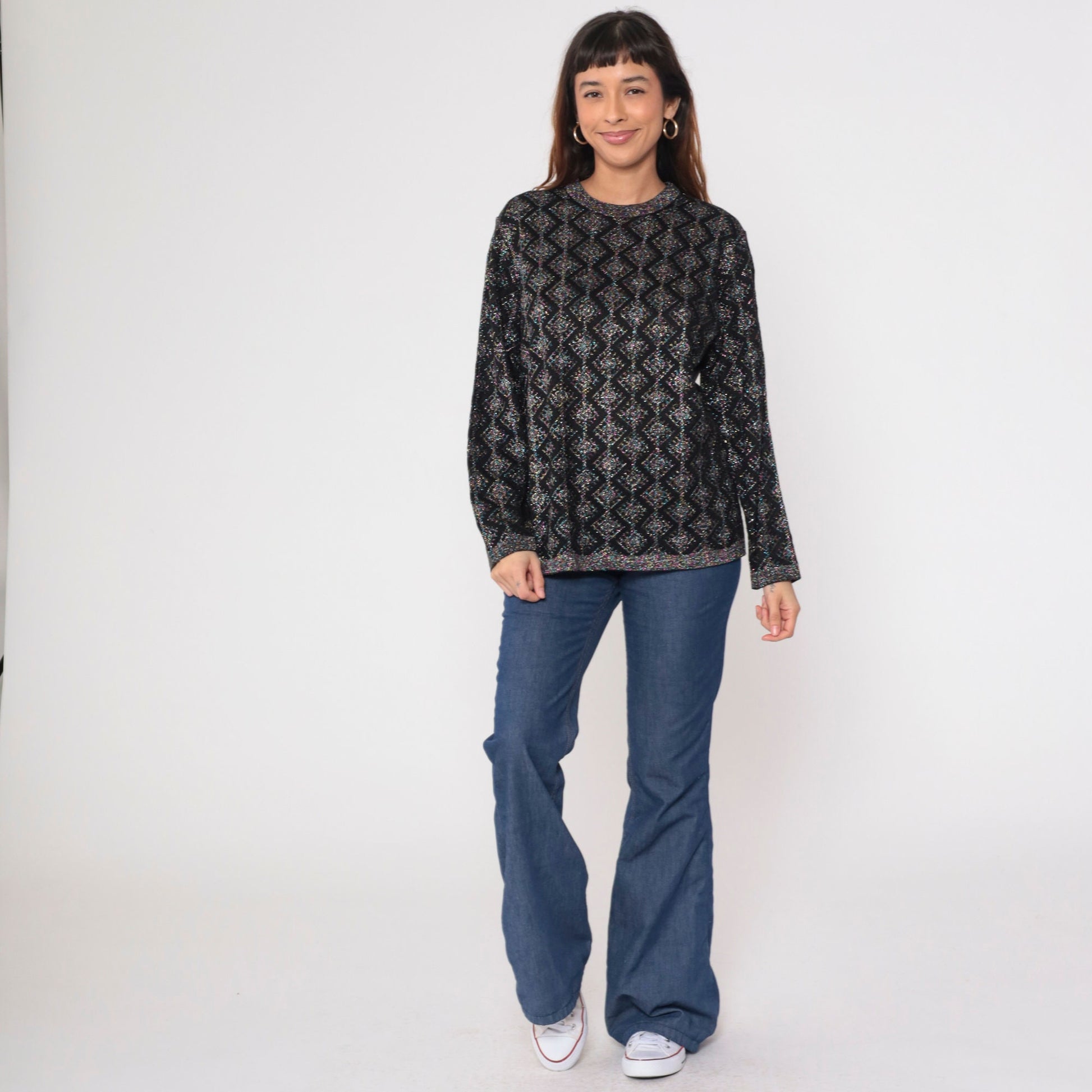 80s Metallic Geometric Sweater Black Pink Blue Lurex Knit Crewneck Medium