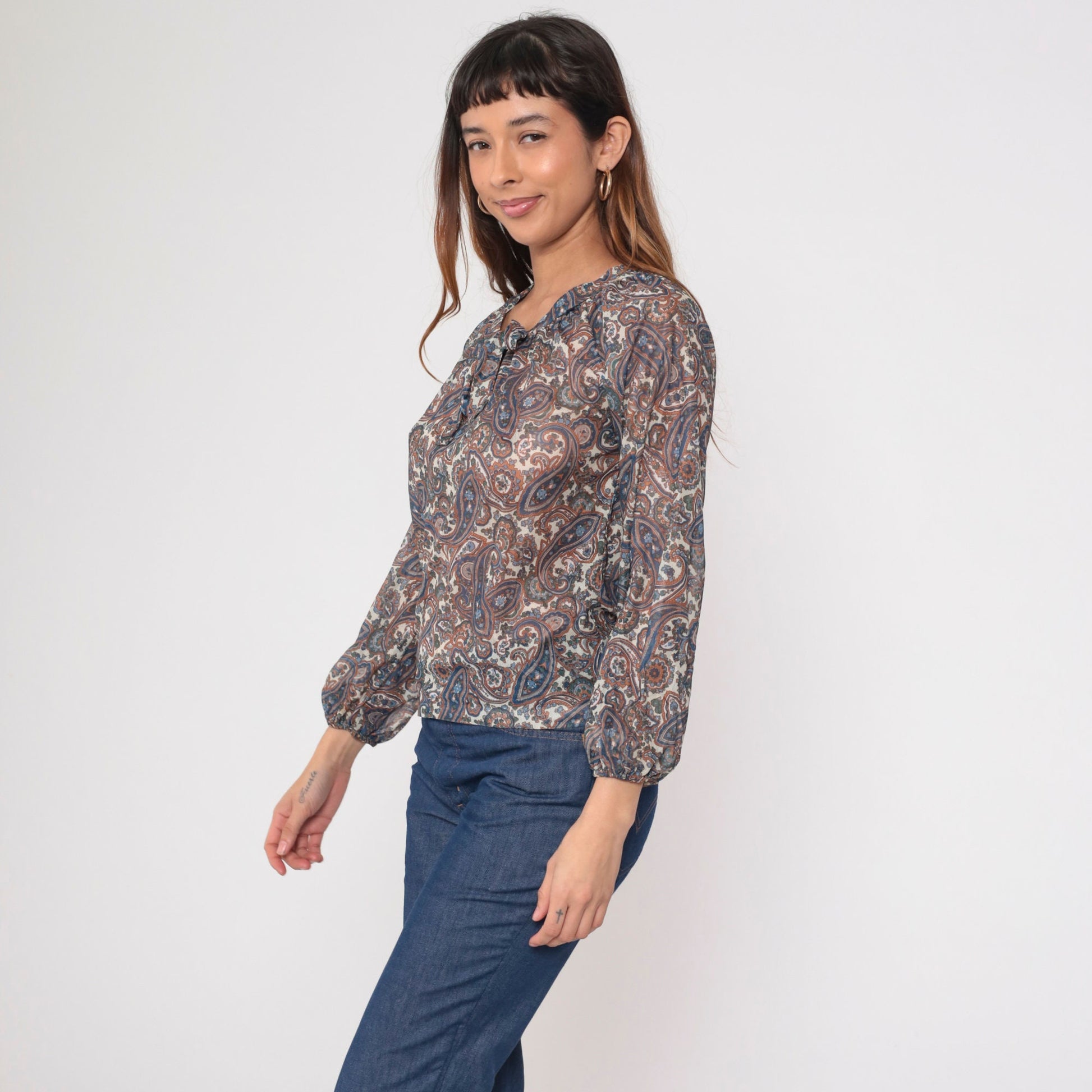 70s Paisley Tie Neck Blouse Sheer Psychedelic Print Orange Blue Small