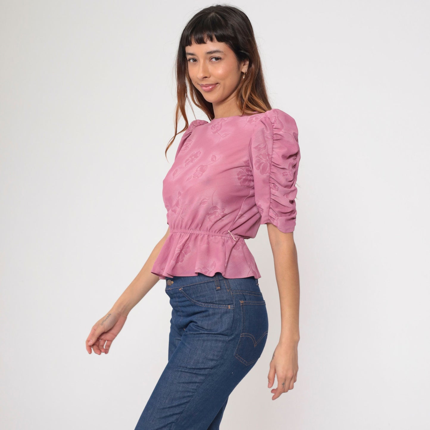 80s Floral Peplum Blouse Pink Puff Sleeve Crop Top Small