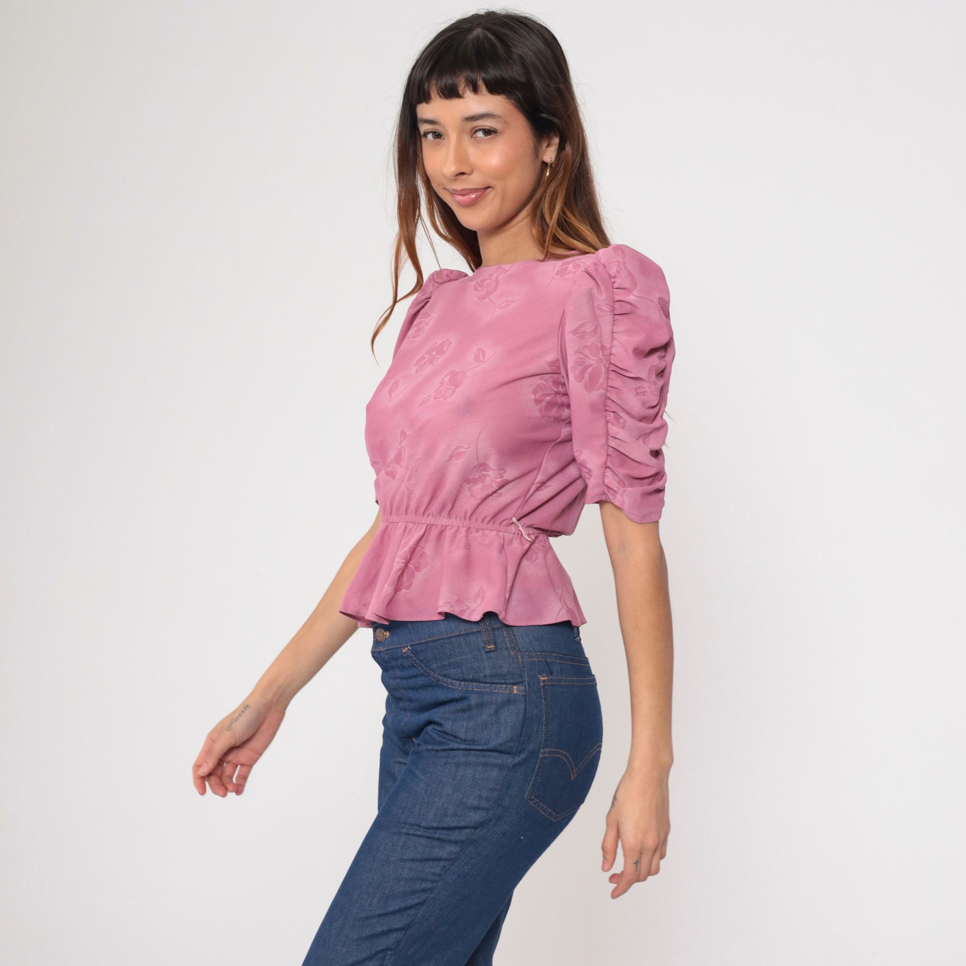 80s Floral Peplum Blouse Pink Puff Sleeve Crop Top Small