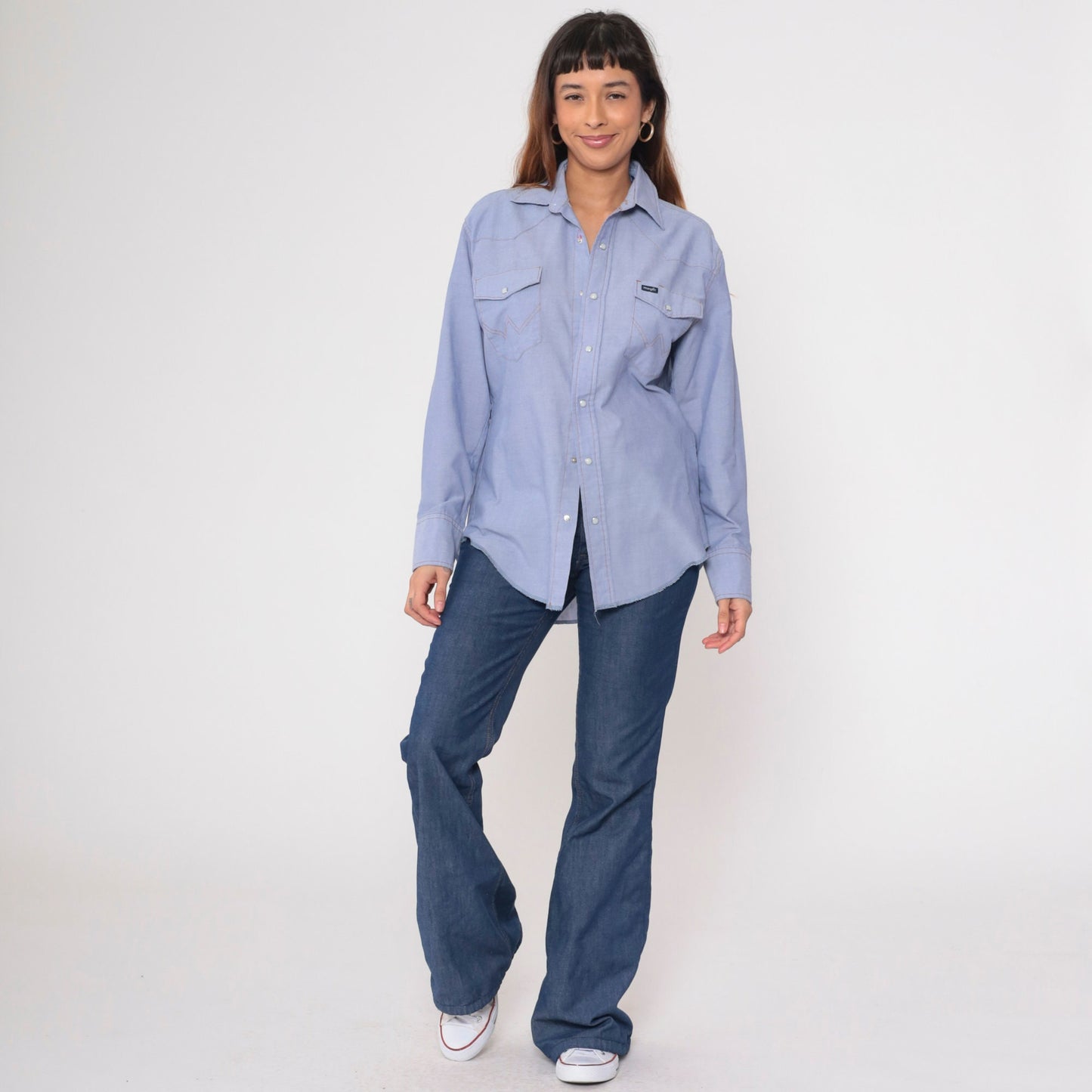 90s Wrangler Chambray Pearl Snap Shirt Blue Denim Long Sleeve Medium