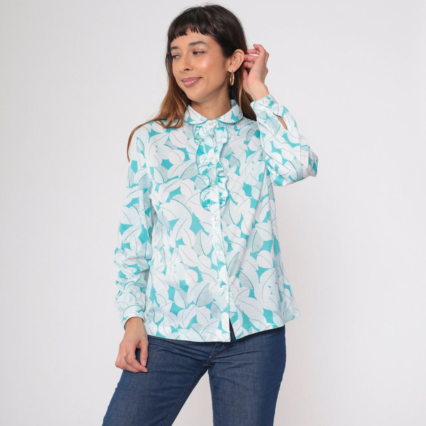 70s Leaf Print Ruffle Tuxedo Blouse Peter Pan Collar Long Sleeve White Blue Large
