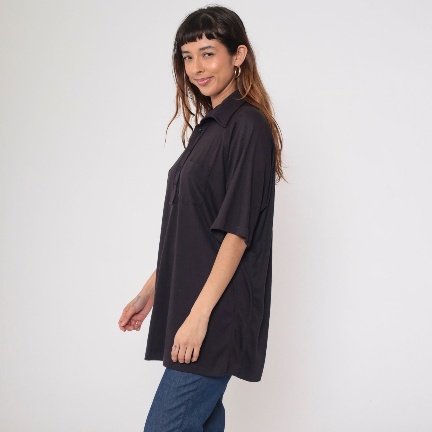 70s Don Loper Black Polo Shirt Raglan Sleeve Half Button Collared Plus Size XXL