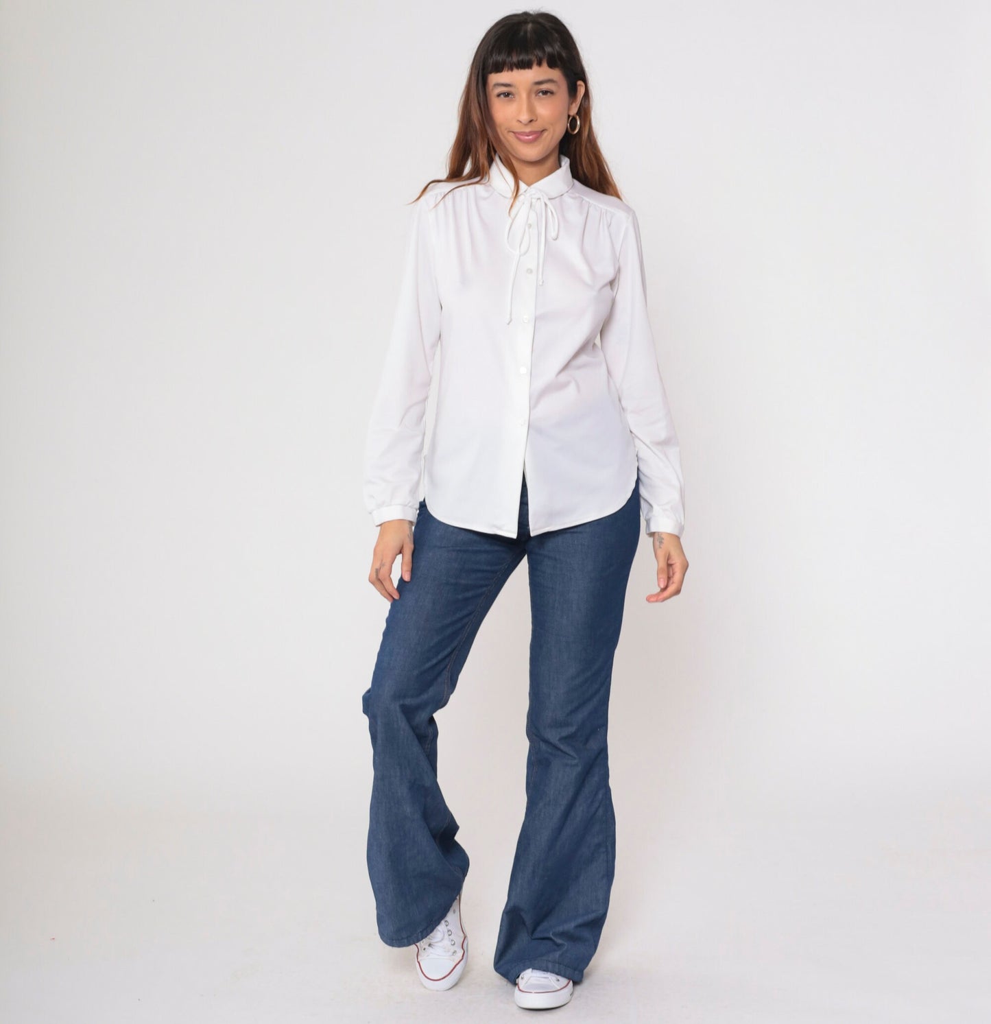 70s White Necktie Blouse Button-Up Long Sleeve Ascot Shirt Medium Large