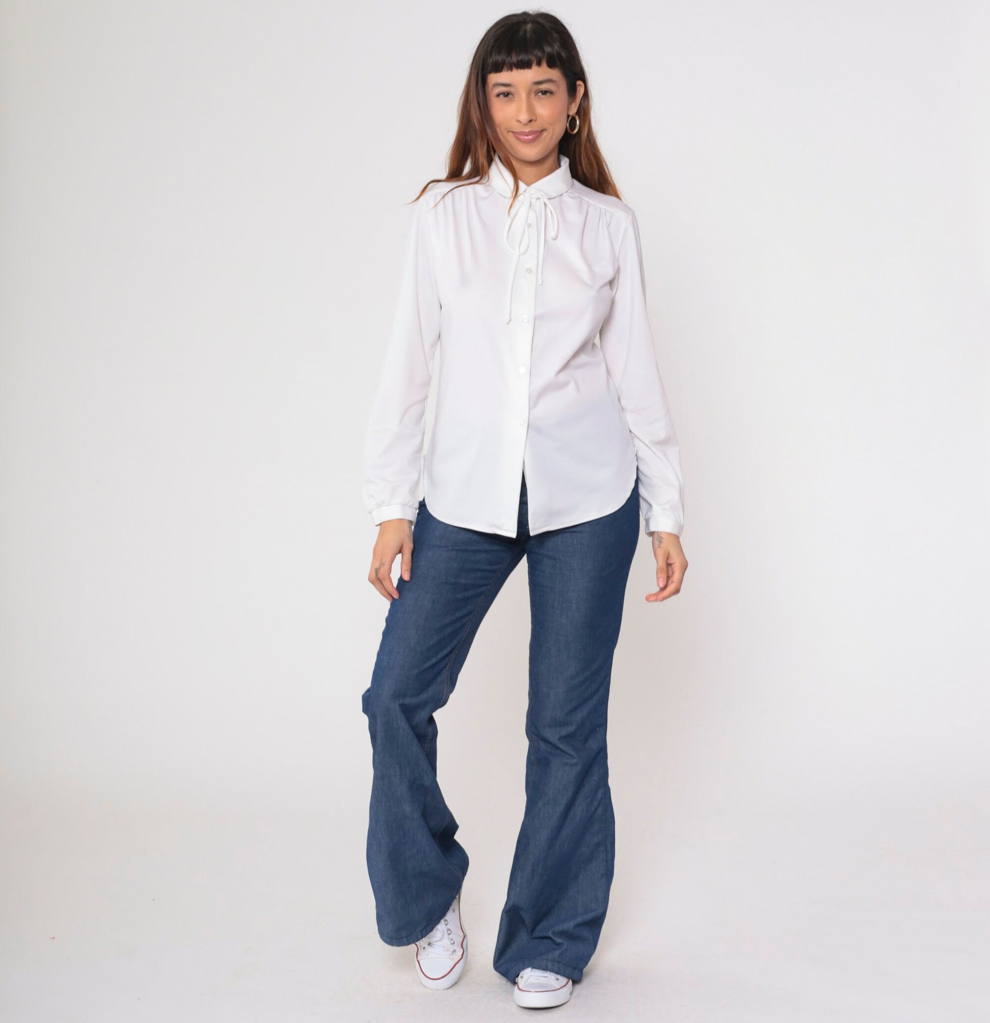 70s White Necktie Blouse Button-Up Long Sleeve Ascot Shirt Medium Large