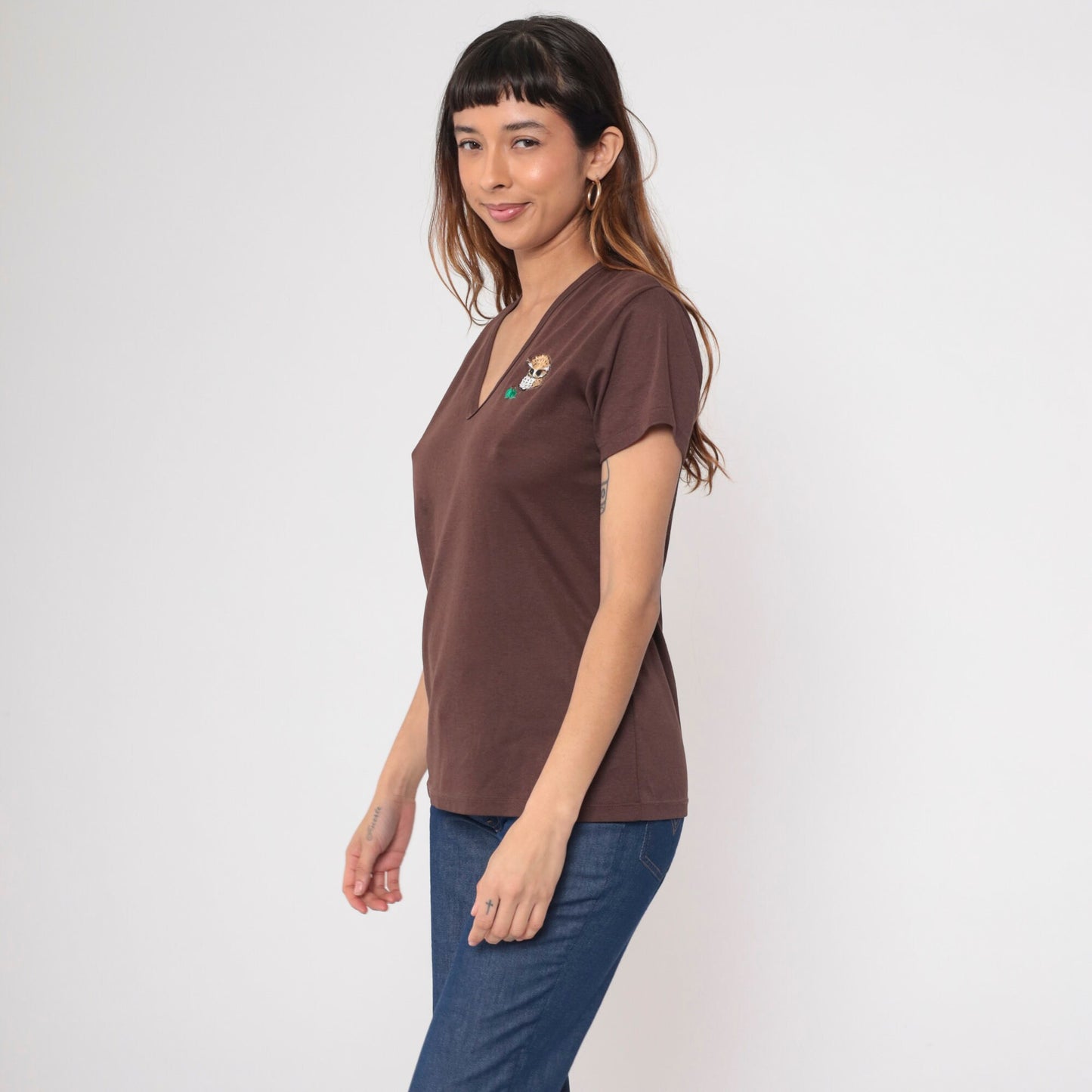 70s Owl Patch Brown V-Neck T-Shirt Cotton Graphic Tee Medium Large