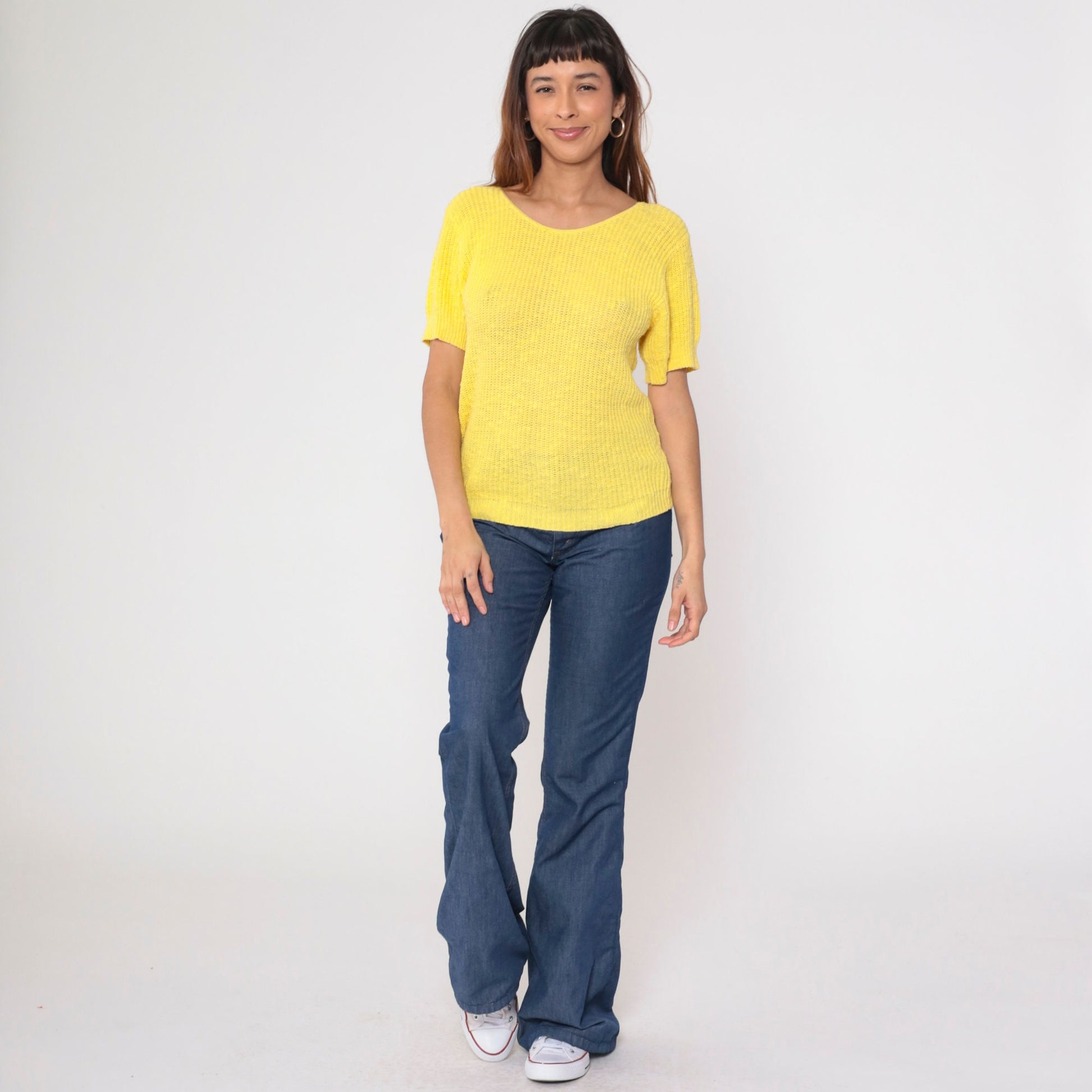 80s Jaguar Yellow Knit Short Sleeve Crewneck Pullover Small S