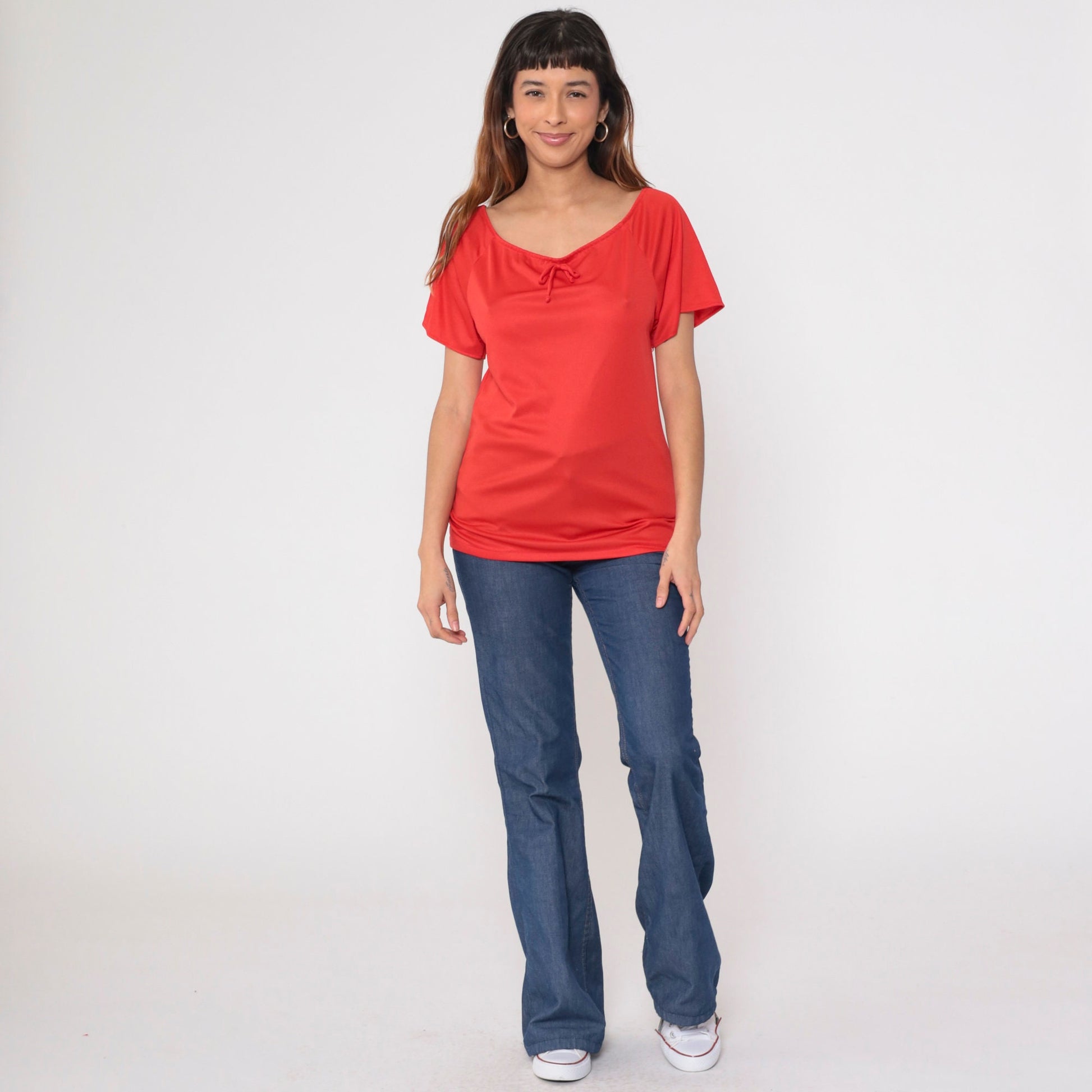 70s Red Bow Neck Blouse Short Raglan Sleeve Tunic Top Extra Small