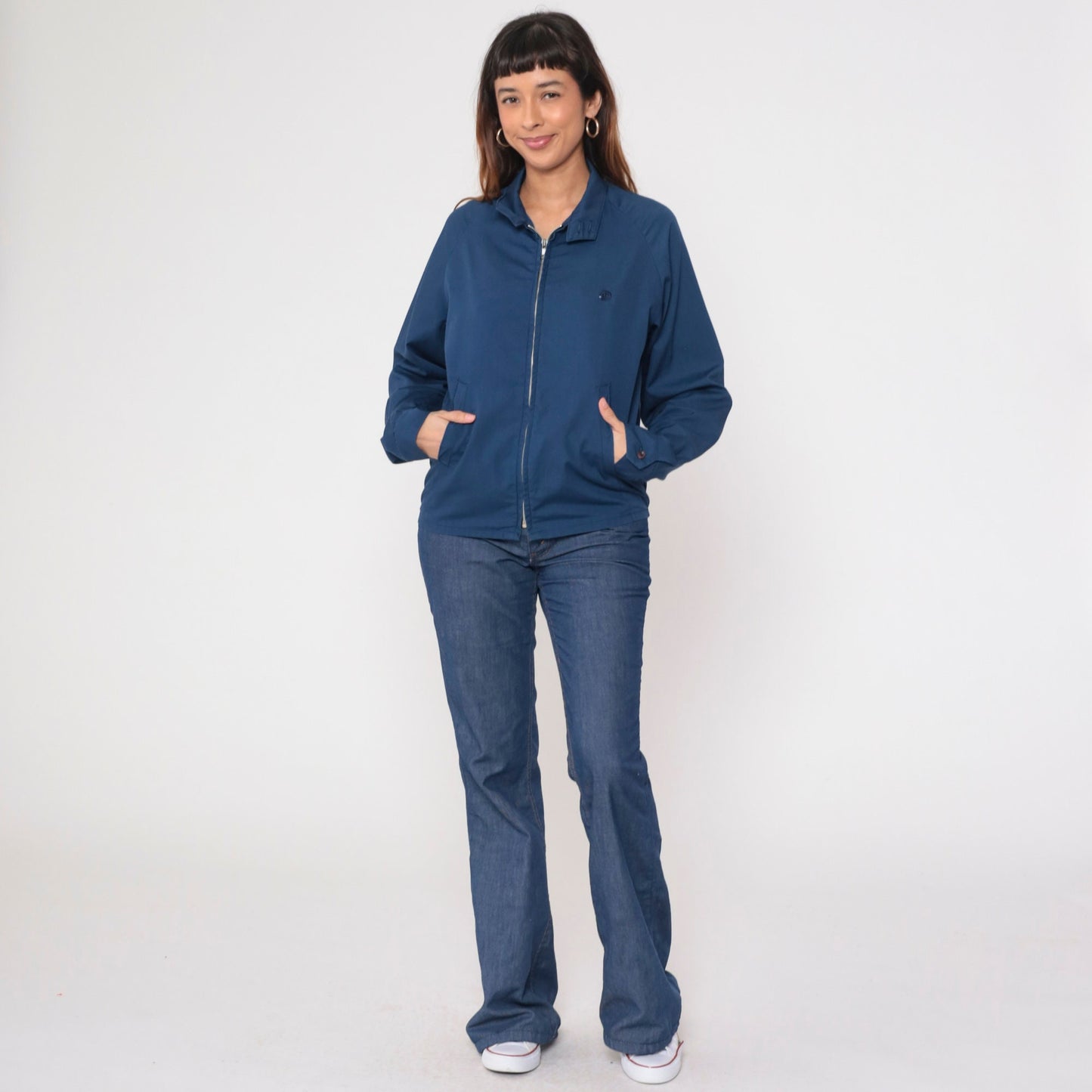 80s Navy Windbreaker Jacket Embroidered Crest Raglan Zip Medium