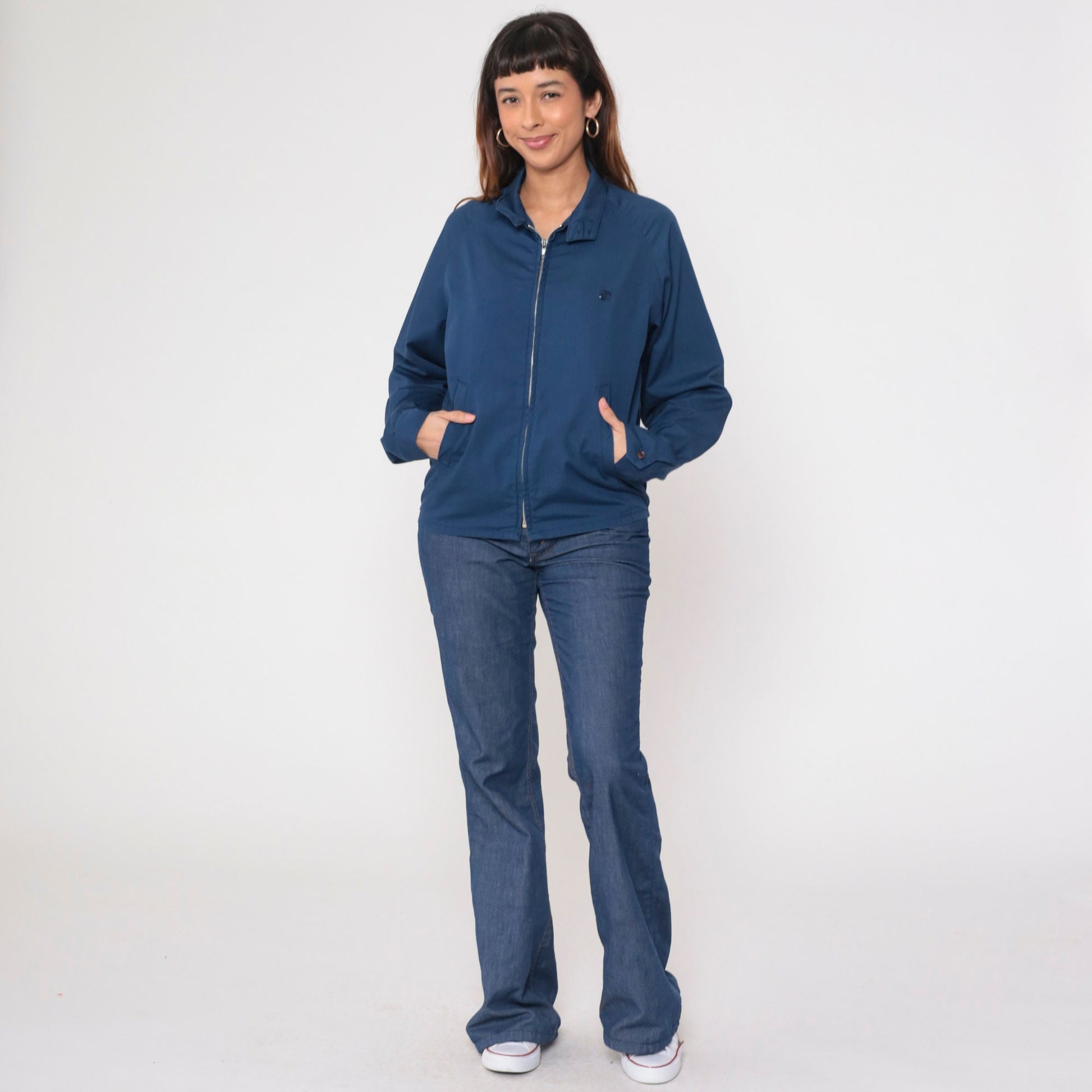 80s Navy Windbreaker Jacket Embroidered Crest Raglan Zip Medium
