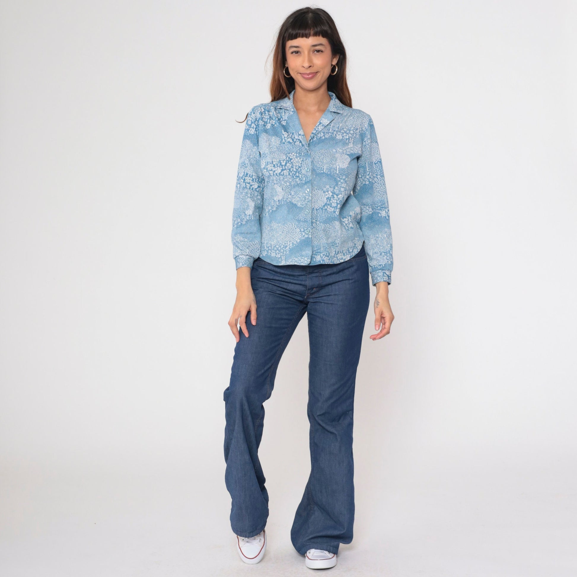 70s Alex Coman Sportswear Tree Floral Print Button-Up Blouse Blue Medium
