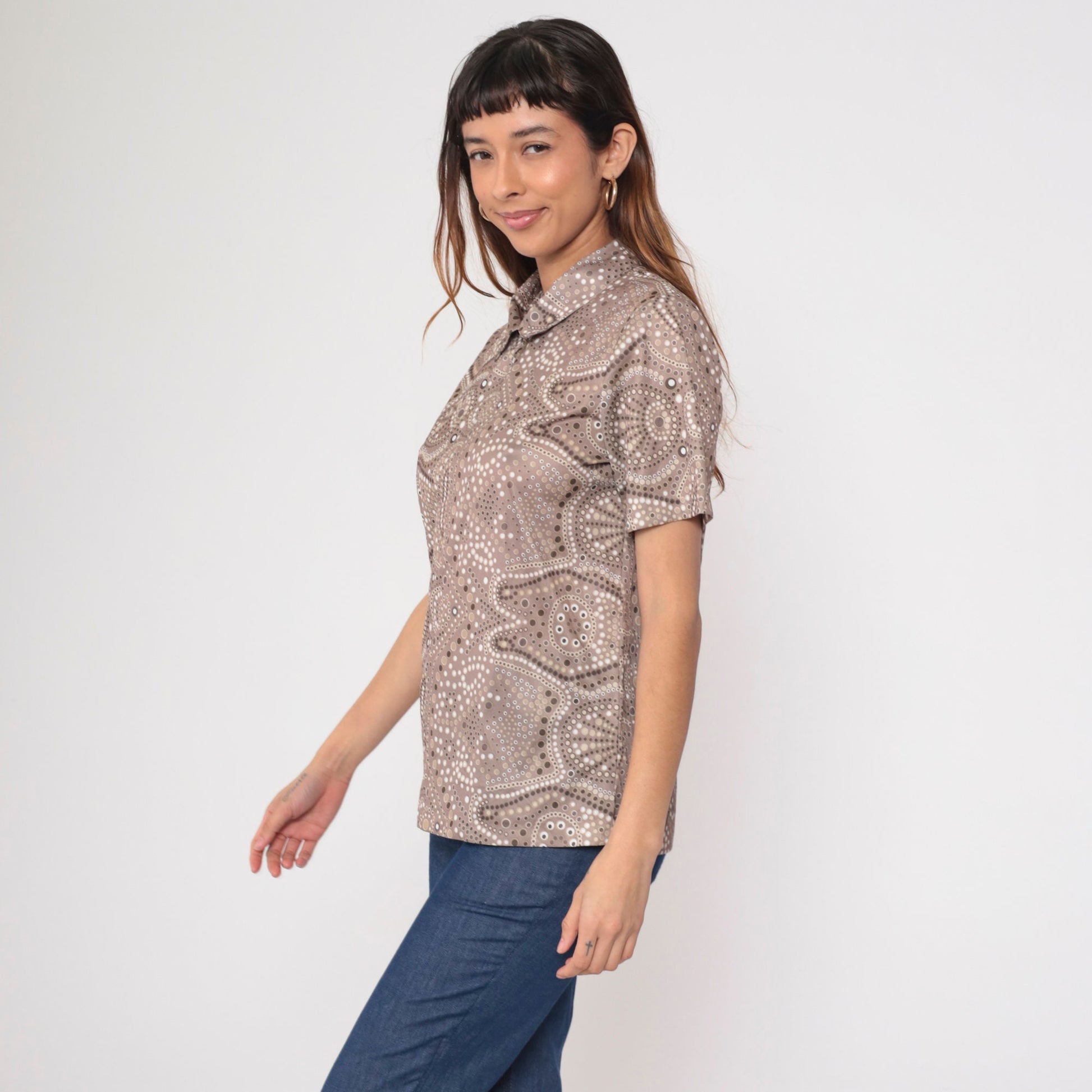 90s Blair Taupe Geometric Dot Blouse Keyhole Neck Short Sleeve Medium M